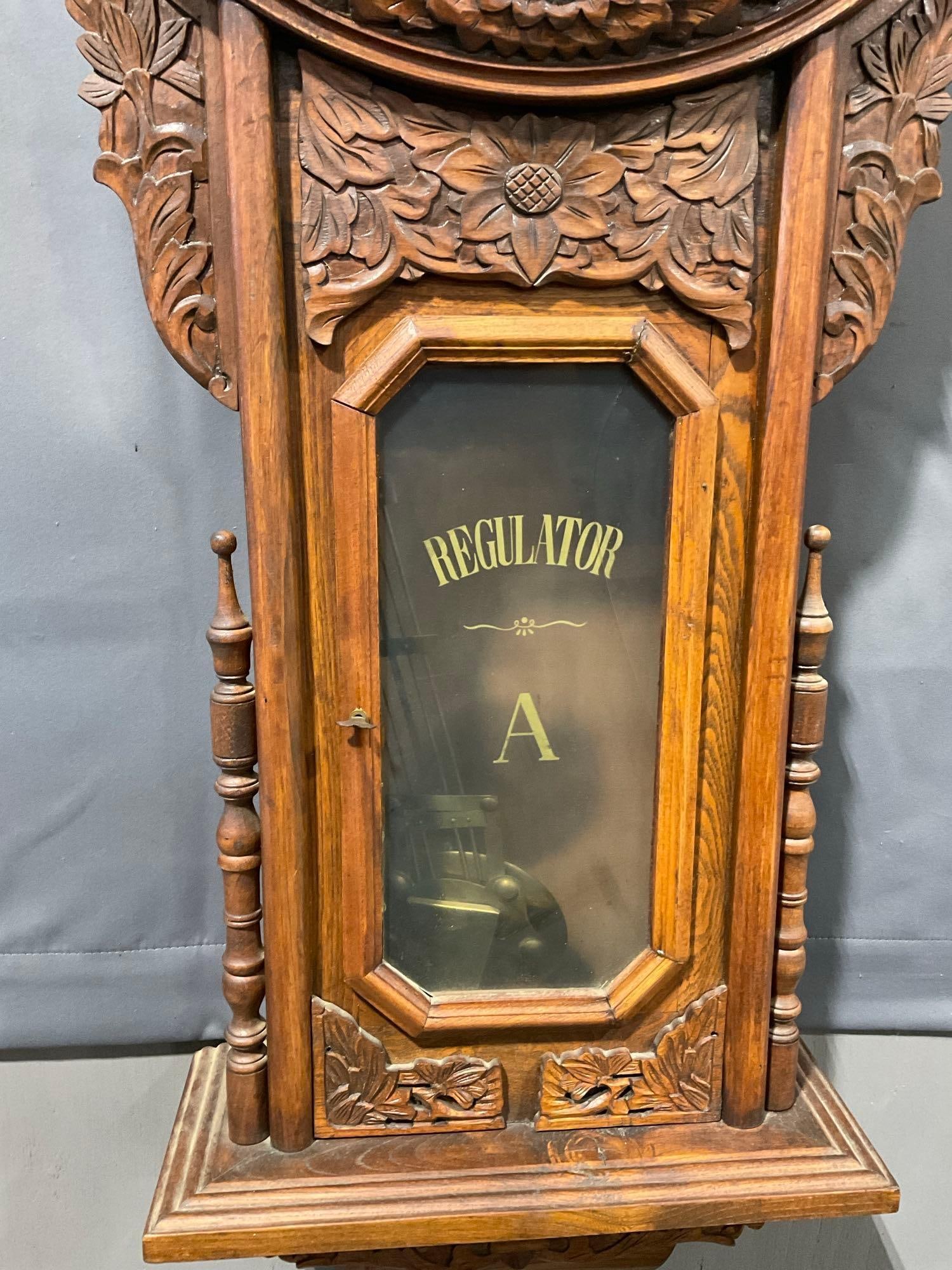 Rare Antique Regulator Clock, Seikosha Clock Company, Ornately floral carved details, Time Strike - 3