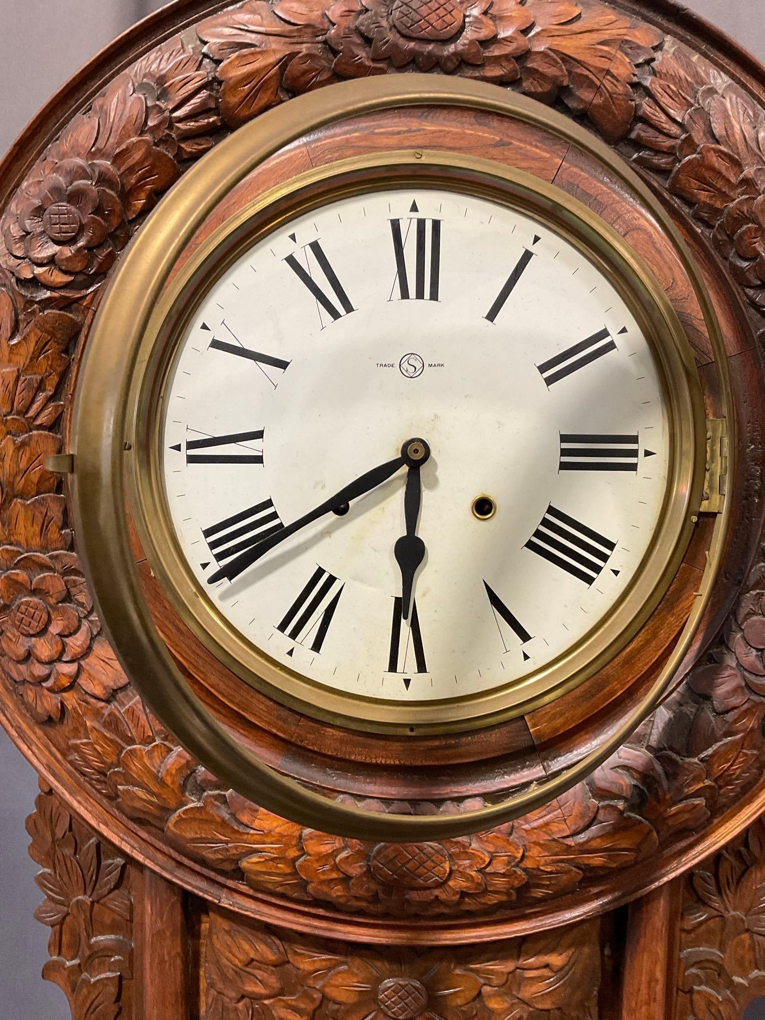 Rare Antique Regulator Clock, Seikosha Clock Company, Ornately floral carved details, Time Strike - 5
