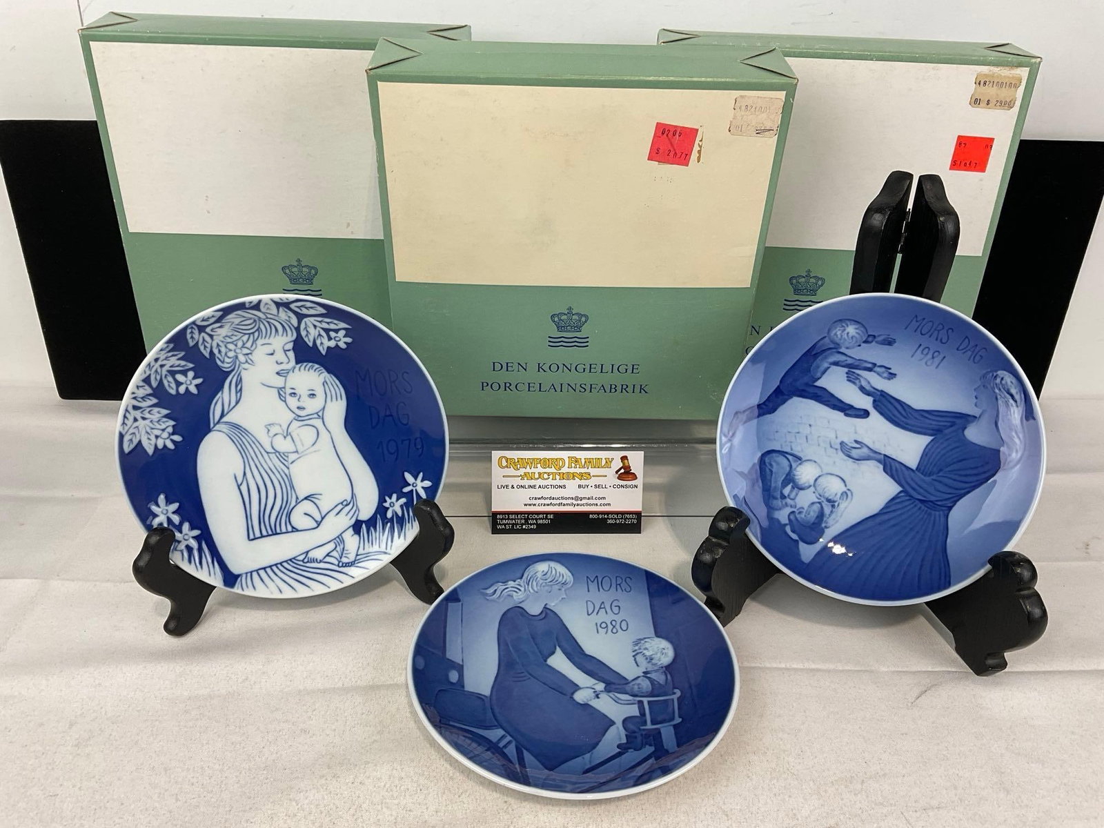 3 Blue & White Royal Copenhagen Mothers Day Porcelain Plates, 1979-1981 w/original boxes,: Appears to be in good shape. The piece measures approx 7h x 9w x 9d inches. See pics. E-6080