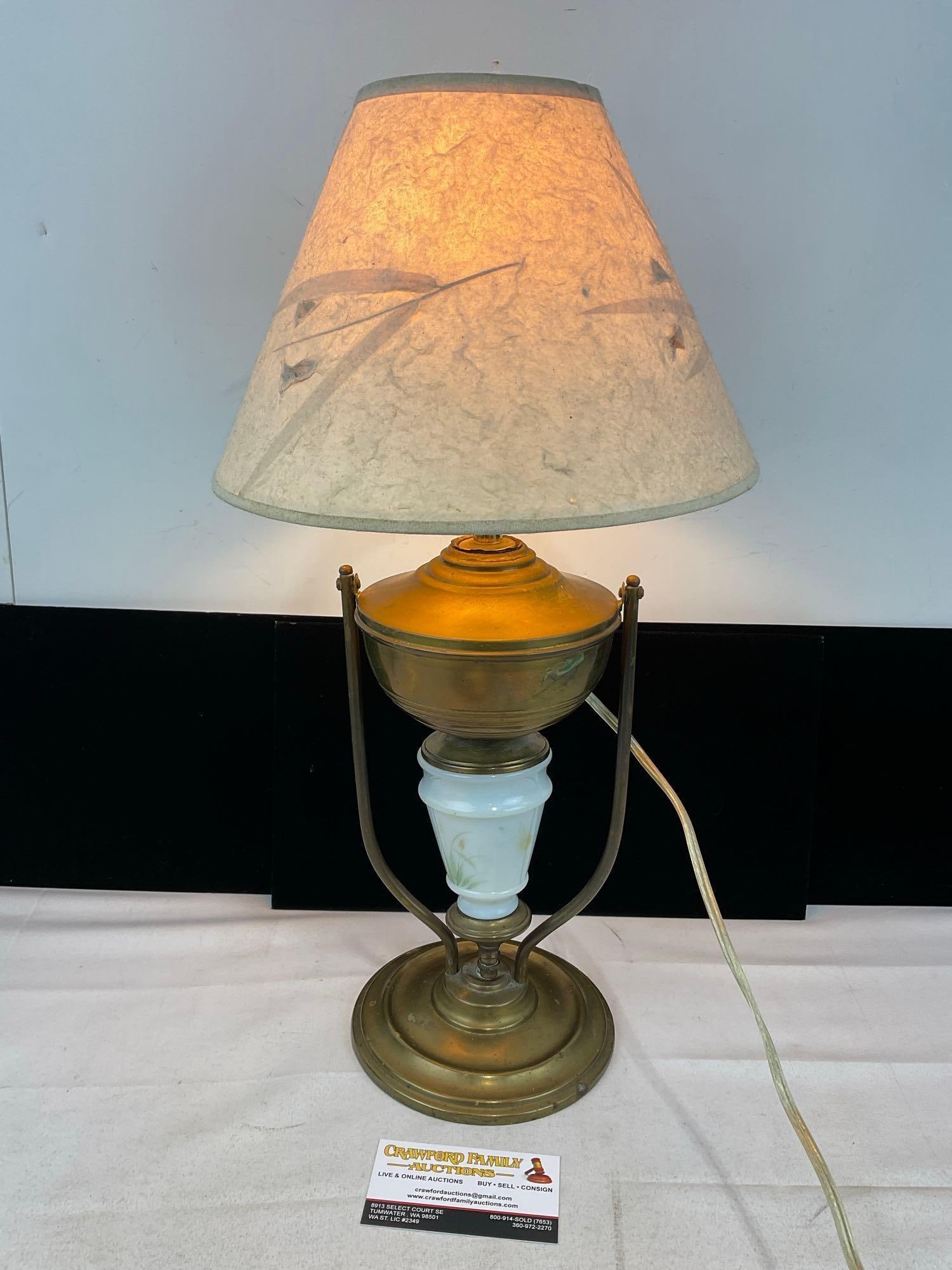 Electrified Banquet Lamp Brass w/Milk Glass Center, Parchment Shade, 20x9x9 inches, tested & work...: Appears to be in good shape. The piece measures approx 20h x 9w x 9d inches. See pics. E-414