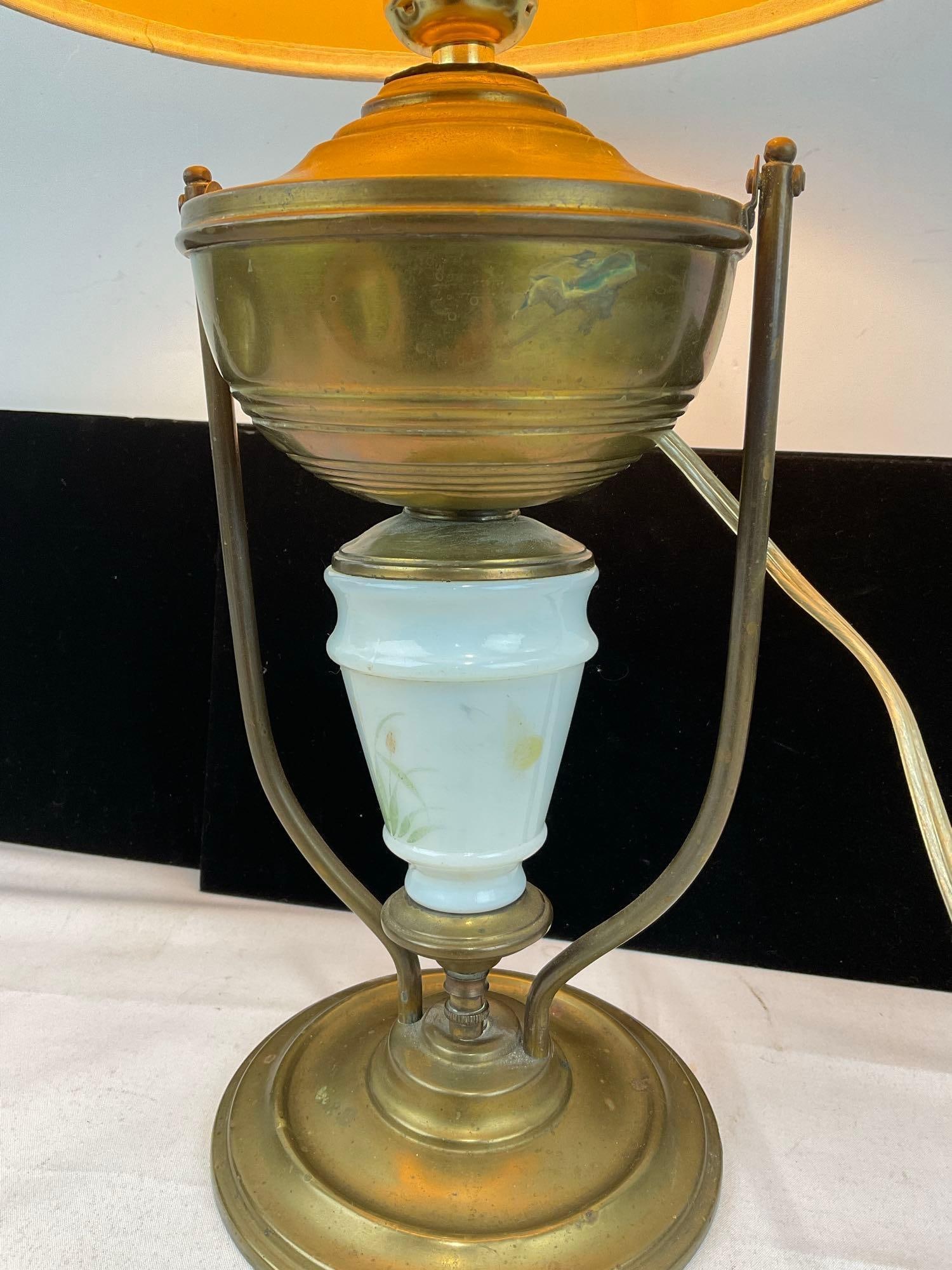Electrified Banquet Lamp Brass w/Milk Glass Center, Parchment Shade, 20x9x9 inches, tested & work... - 3