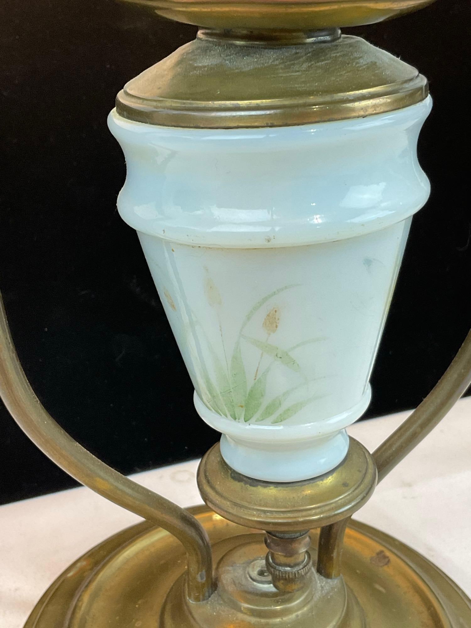 Electrified Banquet Lamp Brass w/Milk Glass Center, Parchment Shade, 20x9x9 inches, tested & work... - 4