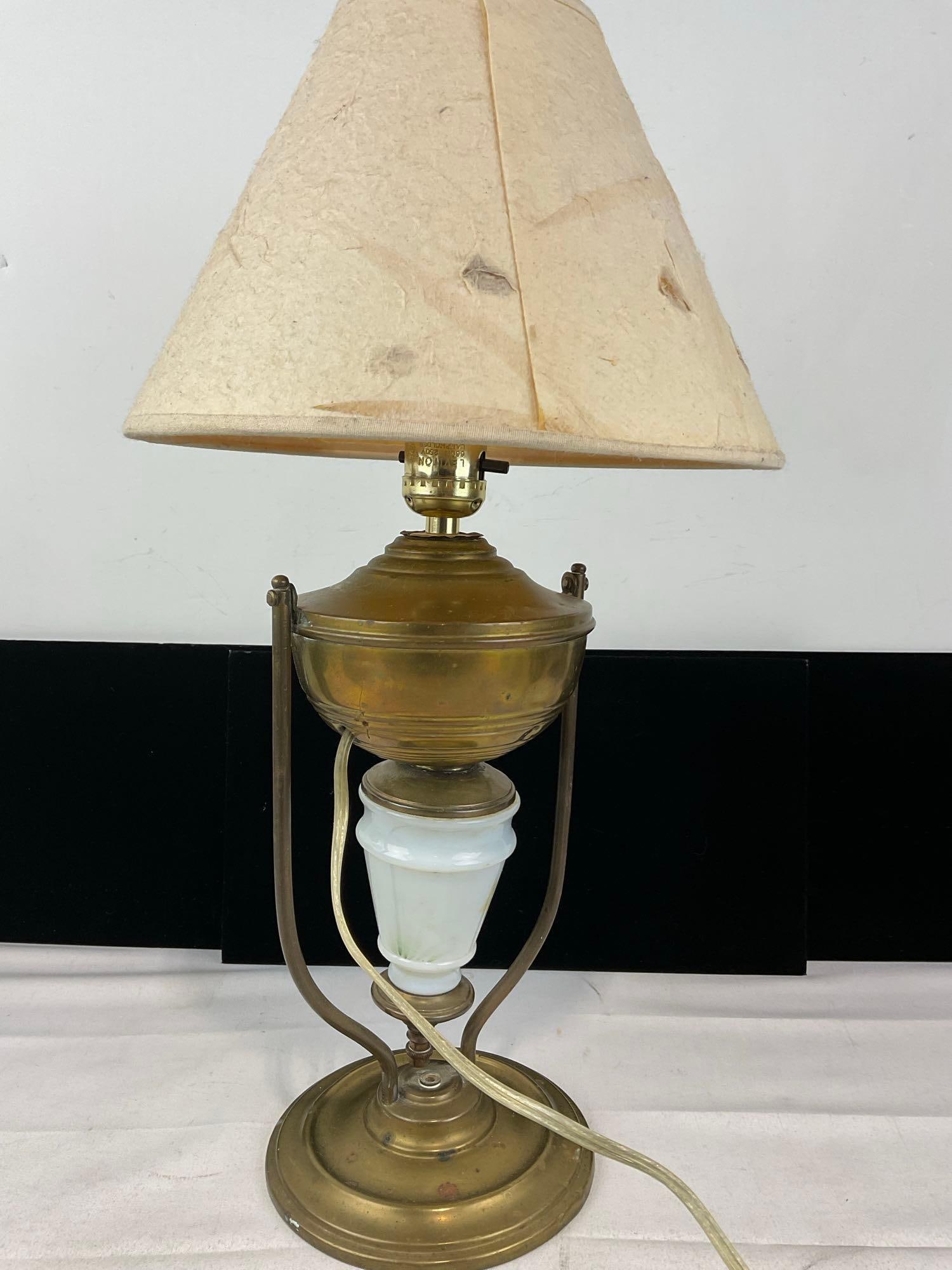 Electrified Banquet Lamp Brass w/Milk Glass Center, Parchment Shade, 20x9x9 inches, tested & work... - 5