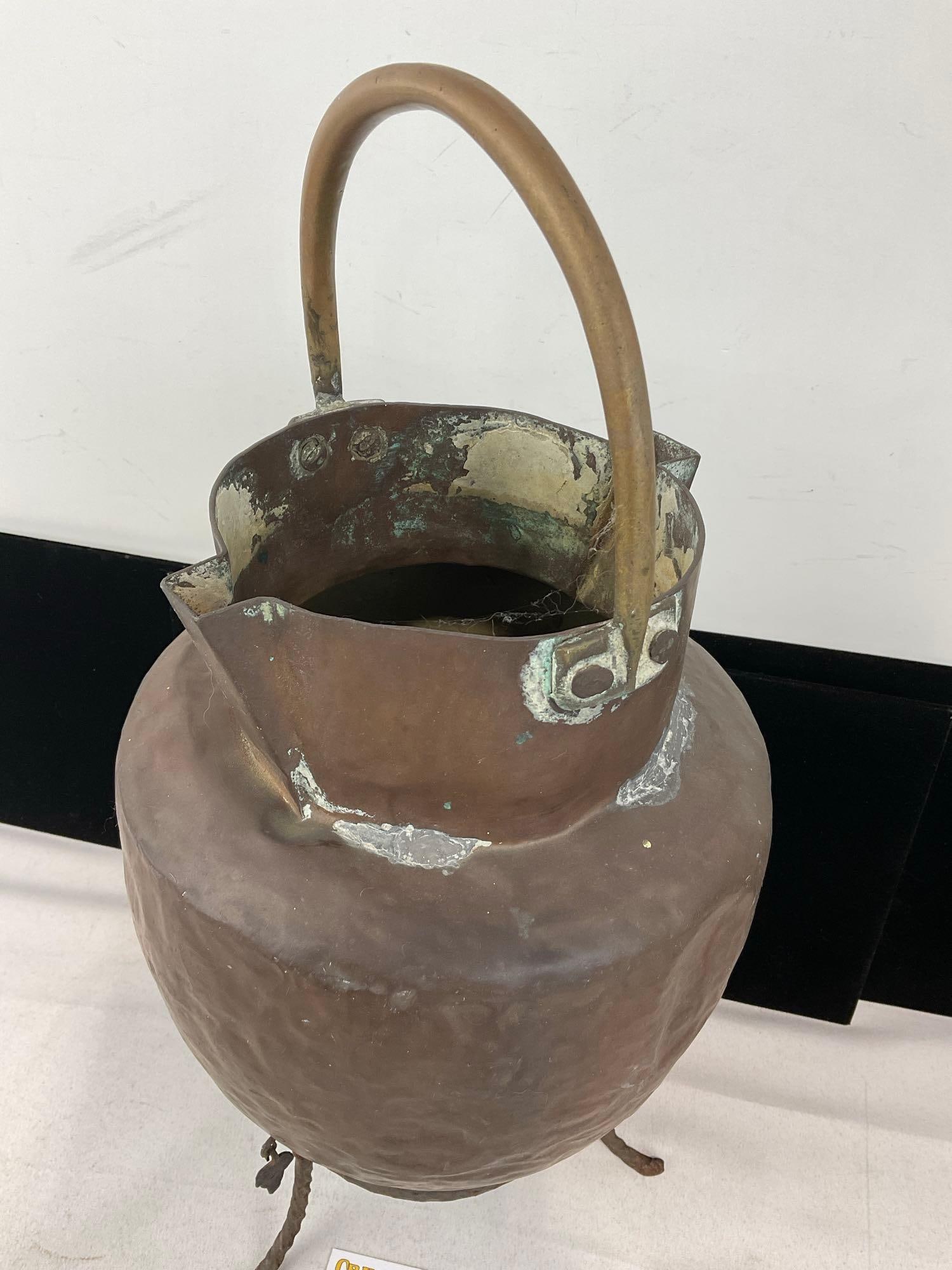 Hand-Hammered Copper Water Vessel, Riveted Brass Handle w/Iron Stand, 19x9x9 inches - 2