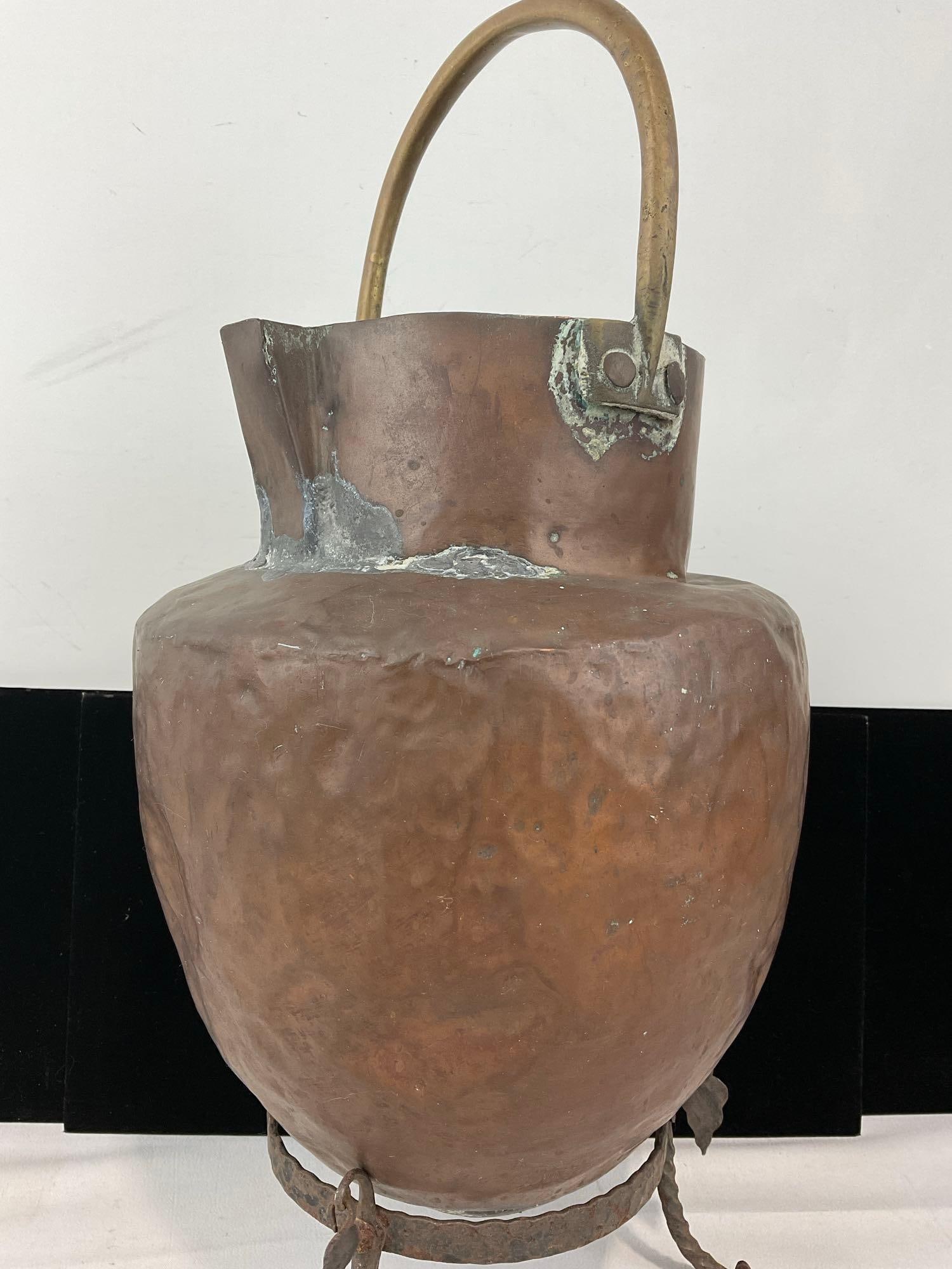 Hand-Hammered Copper Water Vessel, Riveted Brass Handle w/Iron Stand, 19x9x9 inches - 4