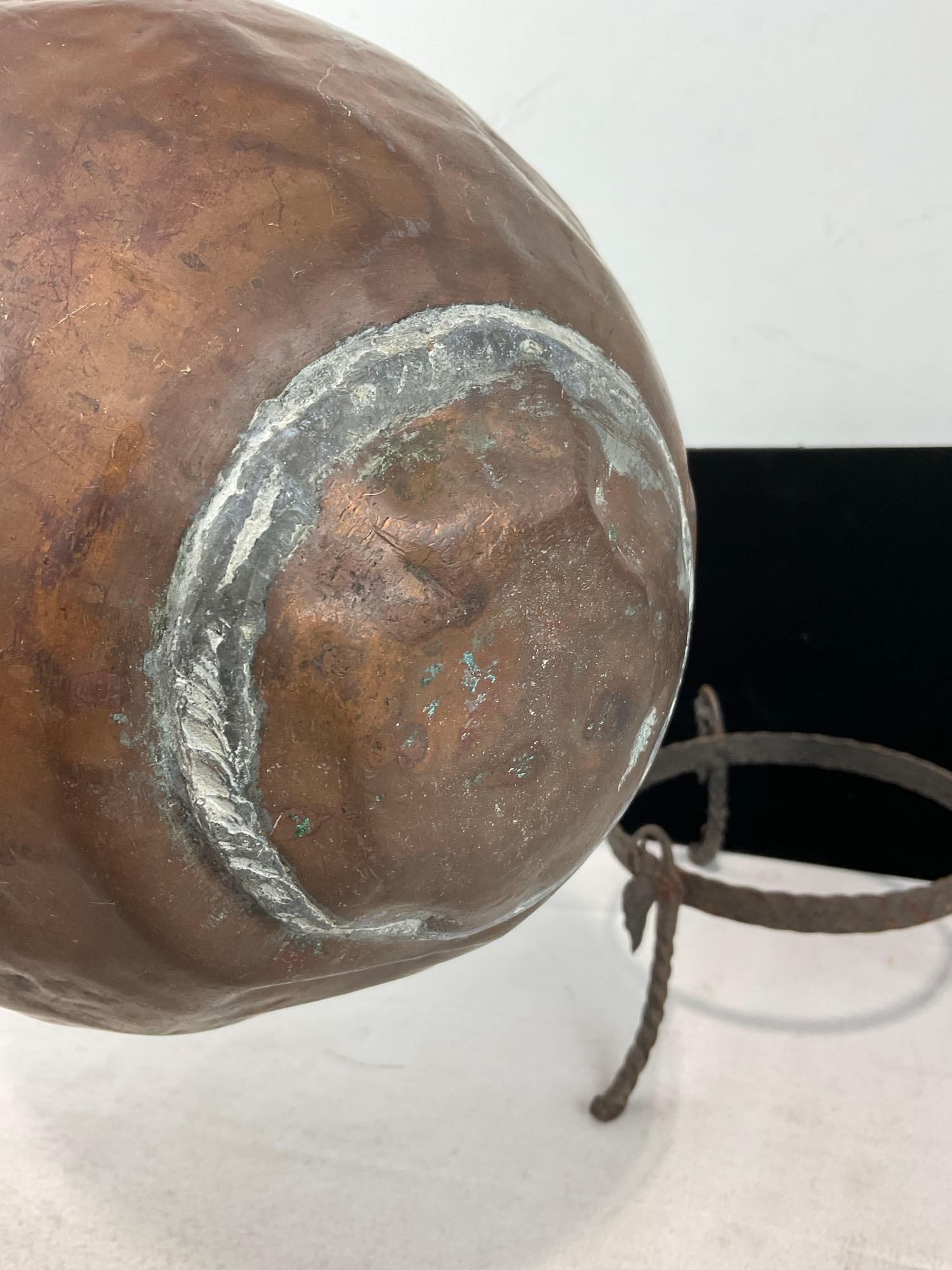 Hand-Hammered Copper Water Vessel, Riveted Brass Handle w/Iron Stand, 19x9x9 inches - 7