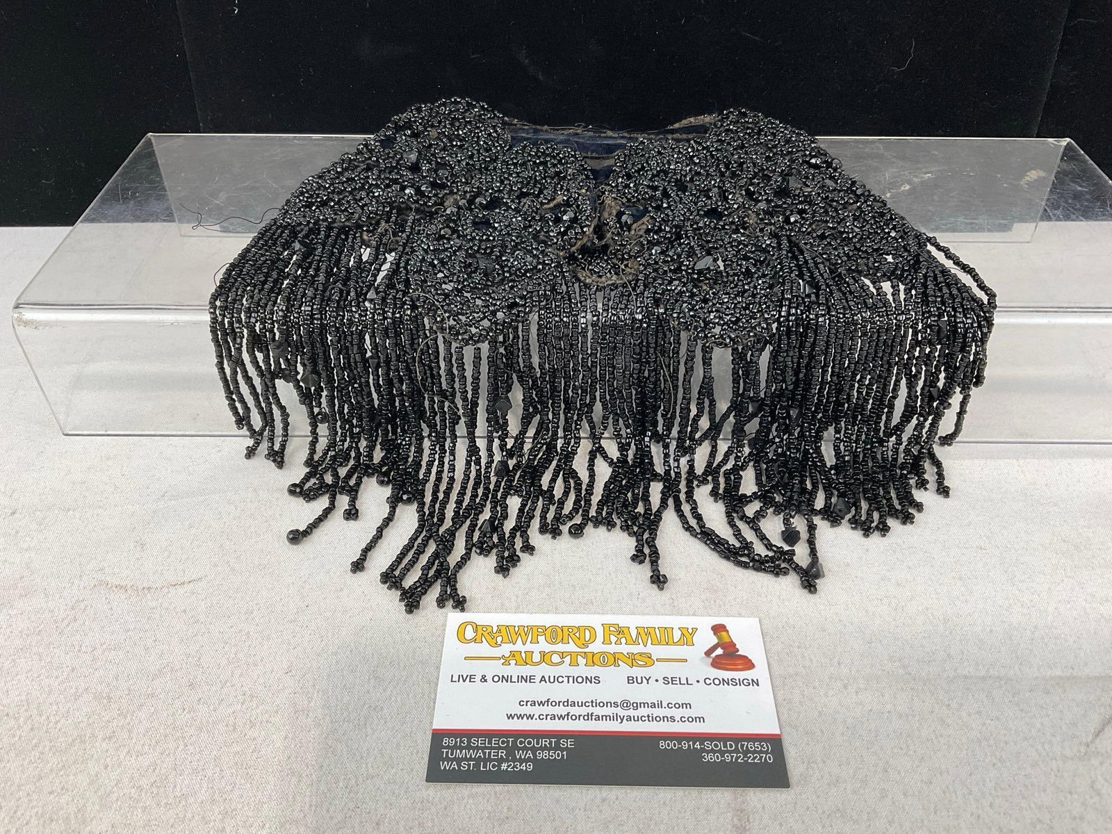 Antique Victorian Black Velvet & Jet Black Beaded Collar: Appears to be in fair to good shape, some signs of age, and some loose strings, possibly missing beads from the strands. The piece measures approx 5h x 4w x 3d inches, when folded up. See pics. E-414