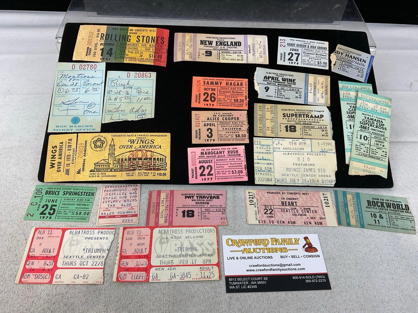 Collection of Vintage Concert Ticket Stubs, incl. Rolling Stones, Alice Cooper, Rush, Triumph, He...: & more, see pics. Appears to be in good shape. The piece measures approx 4h x 6w x 2d inches. See pics. E-414