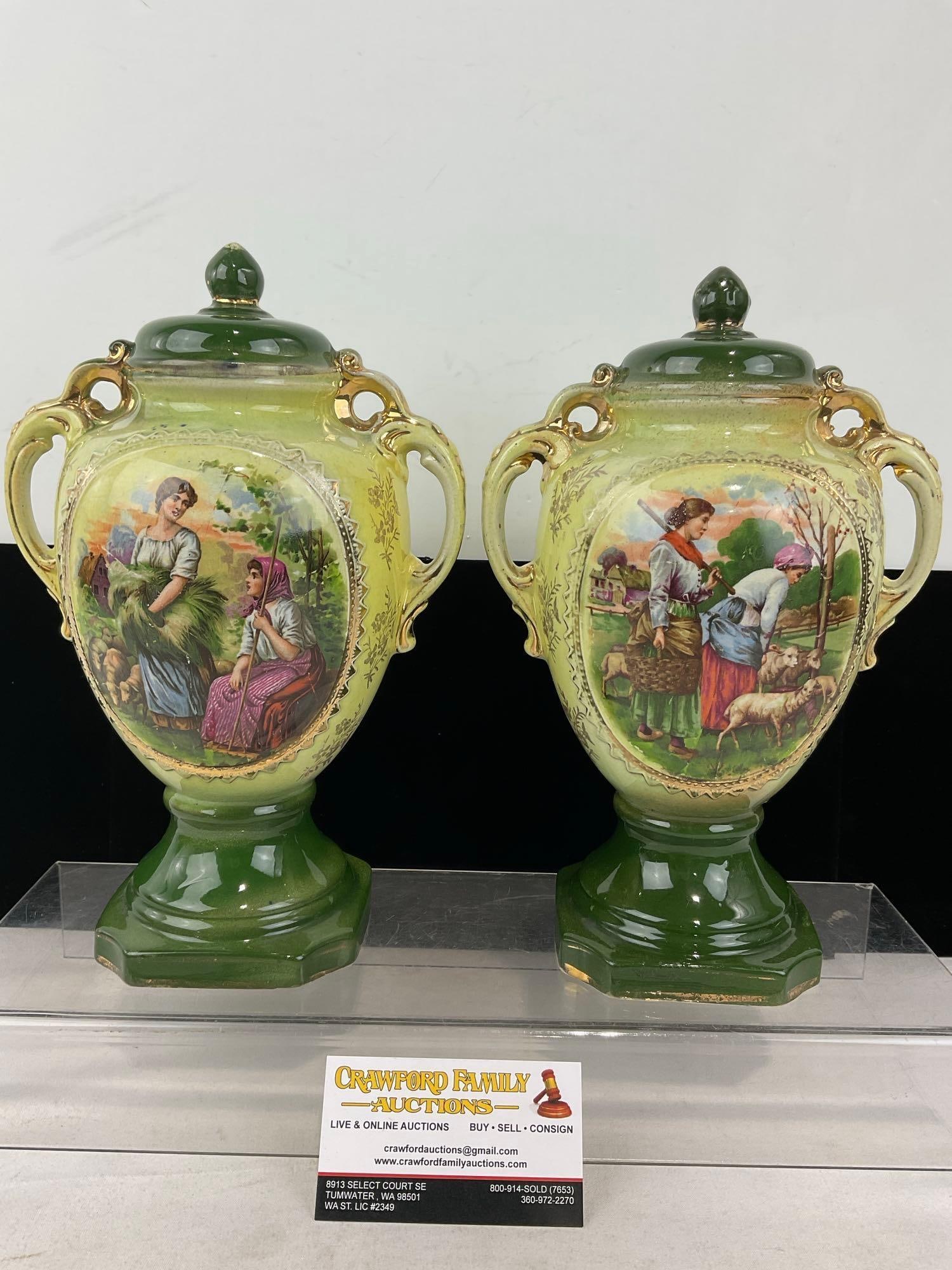 2 early 20th Century English AG Harley Jones Transferware Staffordshire Ceramic Mantel Vases: Appears to be in good shape. The piece measures approx 12h x 12w x 10d inches. See pics. E-414