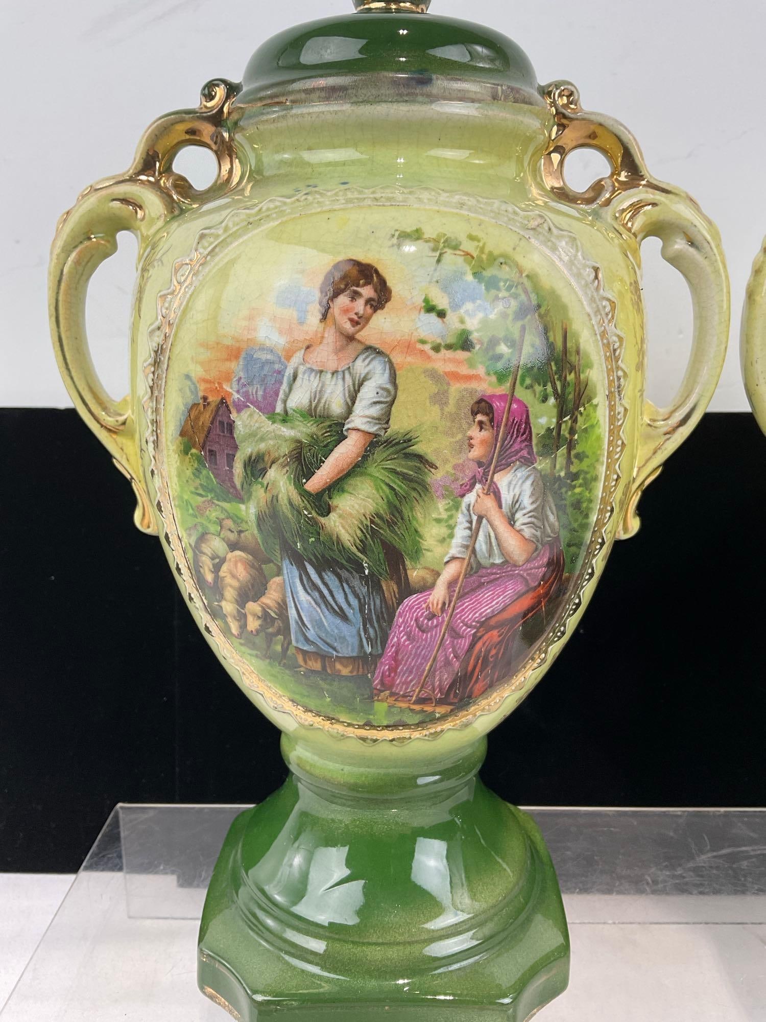 2 early 20th Century English AG Harley Jones Transferware Staffordshire Ceramic Mantel Vases - 2