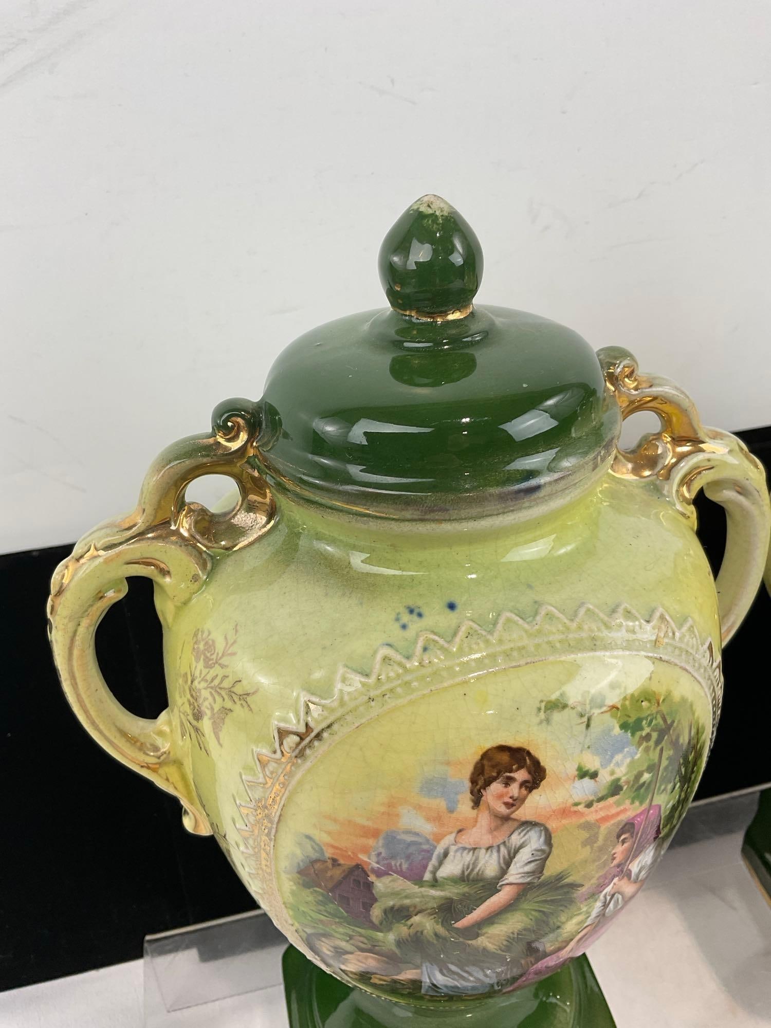 2 early 20th Century English AG Harley Jones Transferware Staffordshire Ceramic Mantel Vases - 3