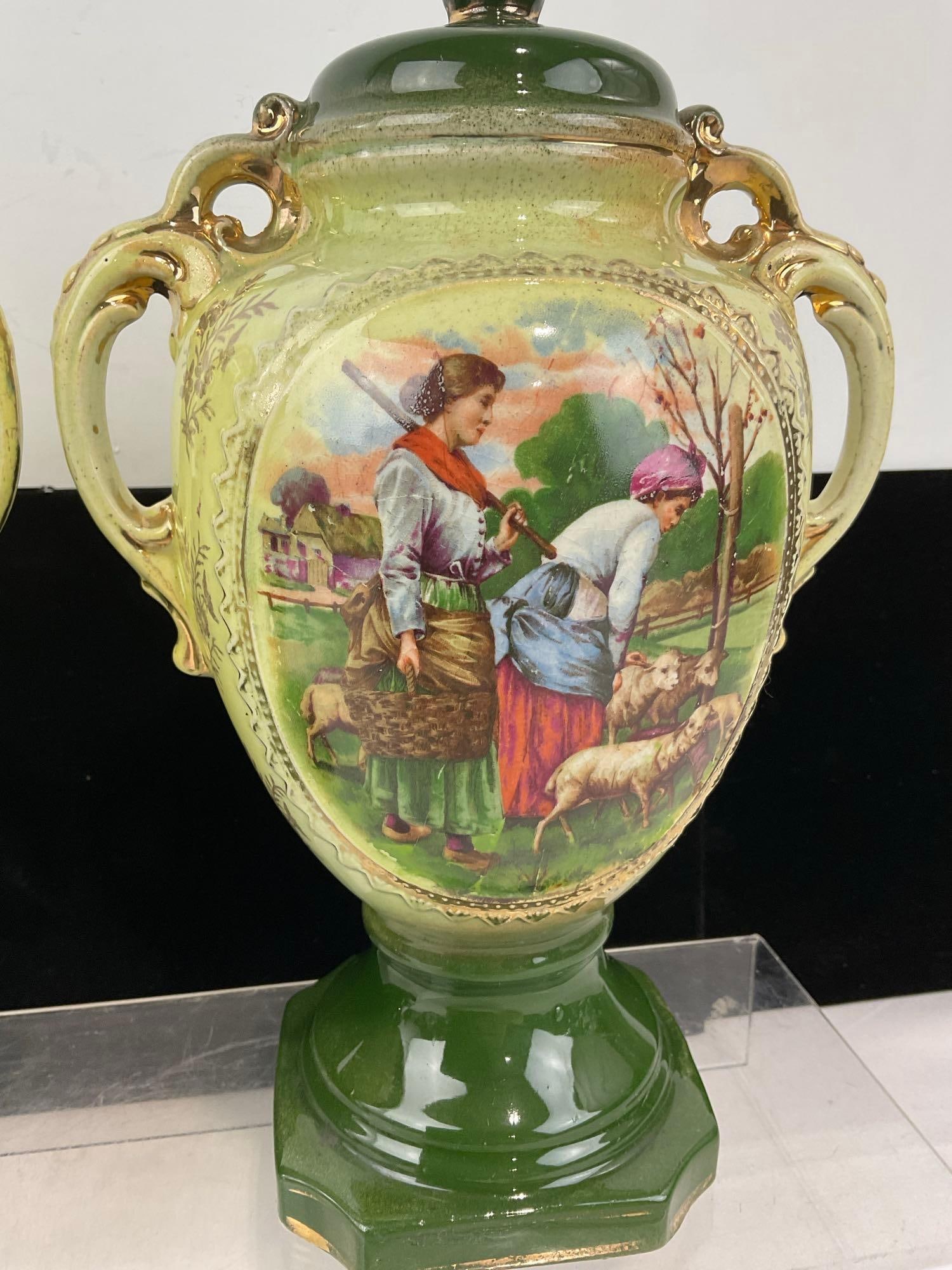 2 early 20th Century English AG Harley Jones Transferware Staffordshire Ceramic Mantel Vases - 5
