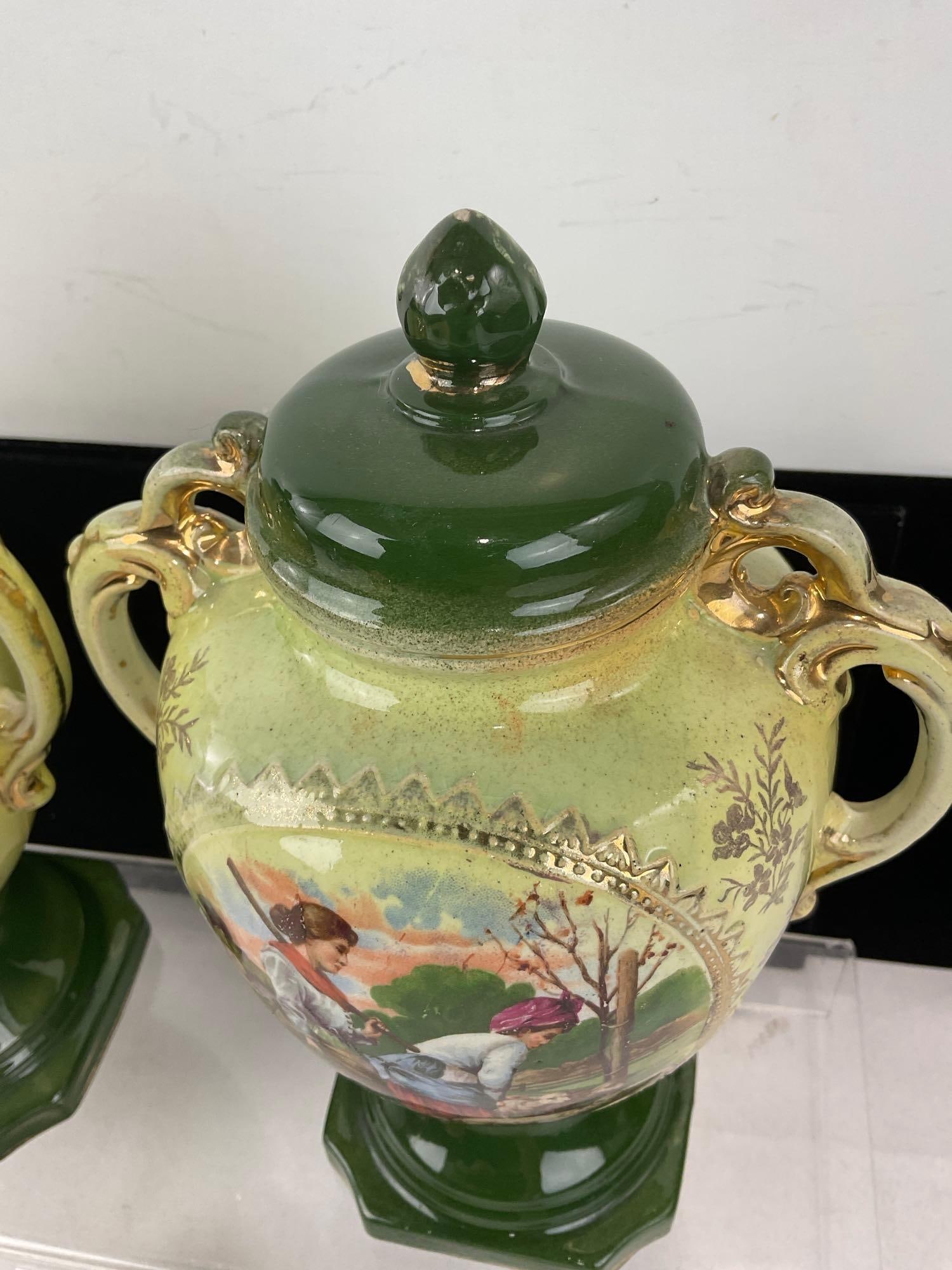 2 early 20th Century English AG Harley Jones Transferware Staffordshire Ceramic Mantel Vases - 6