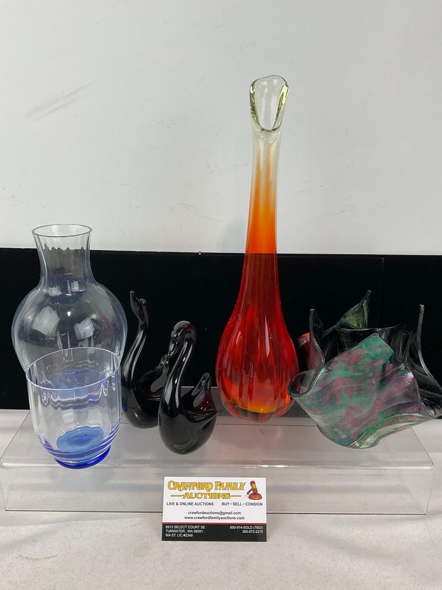 Art Glass Decor pieces, Orange Ombre Bud Vase, 2 Black Glass Swans, Iridescent Vase, Blue Bottom...: Decanter & Glass. The Handkerchief glass vase is signed MKG on the bottom. Appears to be in good shape. The piece measures approx 9h x 12w x 10d inches. See pics. E-414