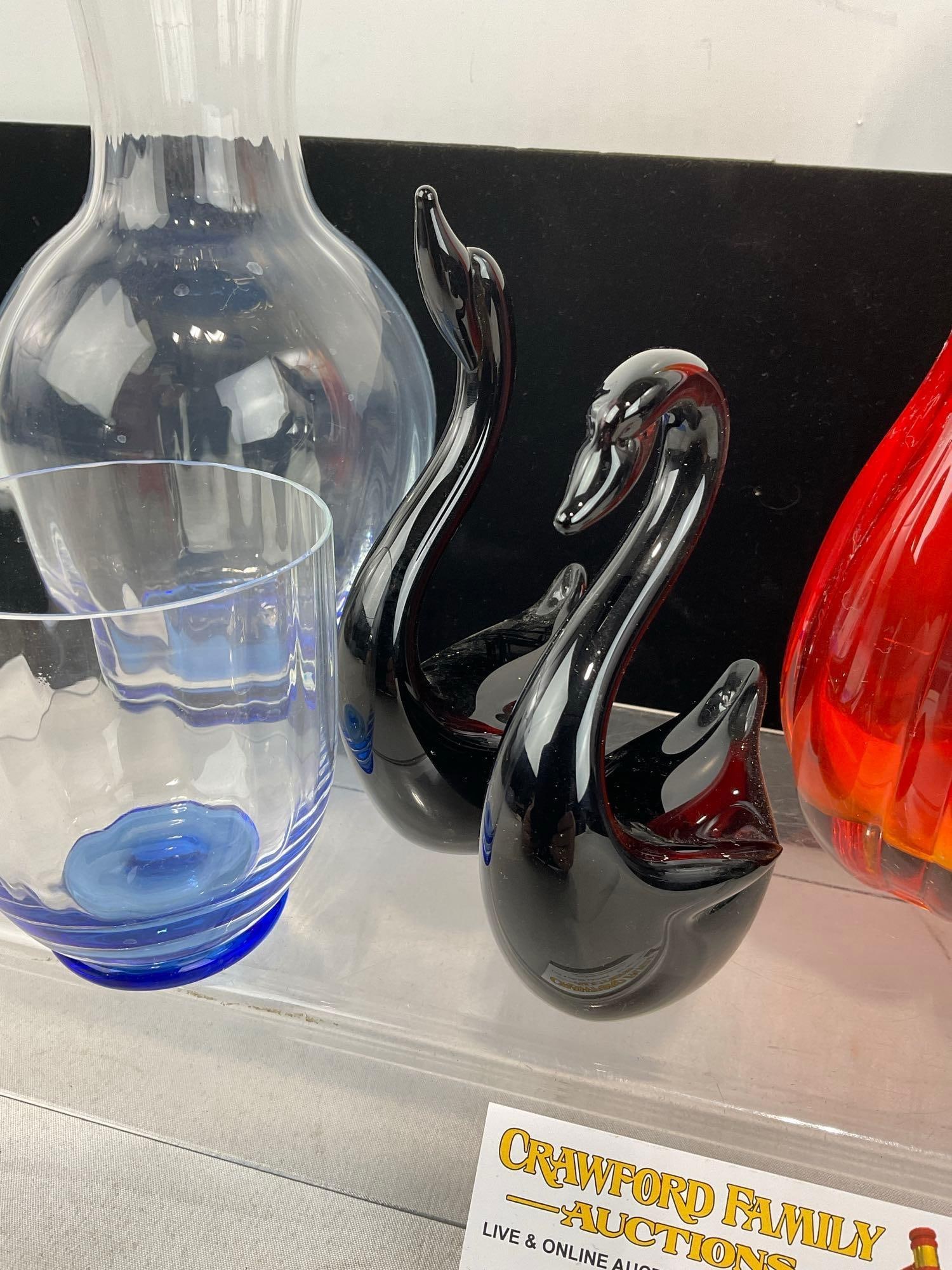 Art Glass Decor pieces, Orange Ombre Bud Vase, 2 Black Glass Swans, Iridescent Vase, Blue Bottom... - 3