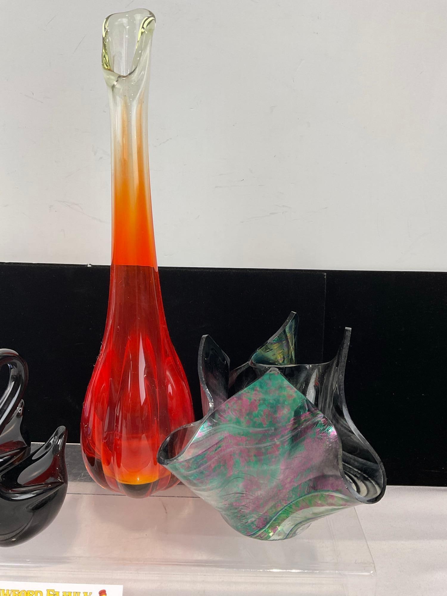 Art Glass Decor pieces, Orange Ombre Bud Vase, 2 Black Glass Swans, Iridescent Vase, Blue Bottom... - 4