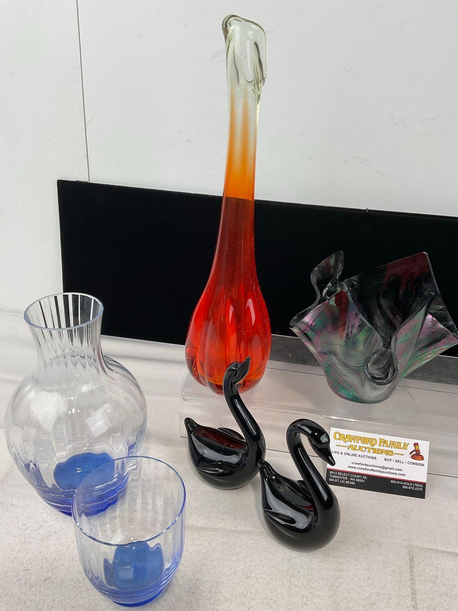 Art Glass Decor pieces, Orange Ombre Bud Vase, 2 Black Glass Swans, Iridescent Vase, Blue Bottom... - 5