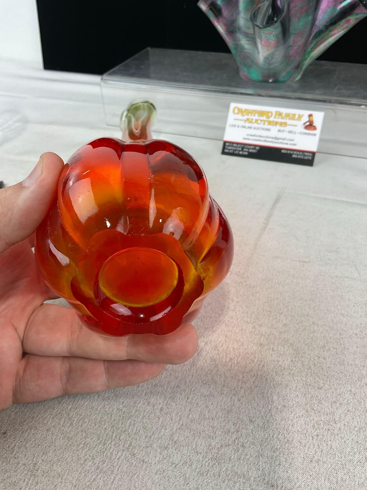 Art Glass Decor pieces, Orange Ombre Bud Vase, 2 Black Glass Swans, Iridescent Vase, Blue Bottom... - 6