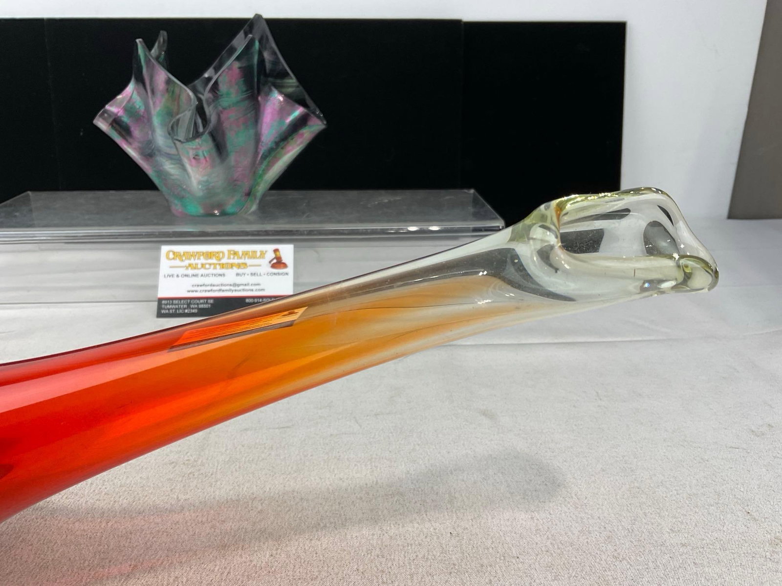 Art Glass Decor pieces, Orange Ombre Bud Vase, 2 Black Glass Swans, Iridescent Vase, Blue Bottom... - 7