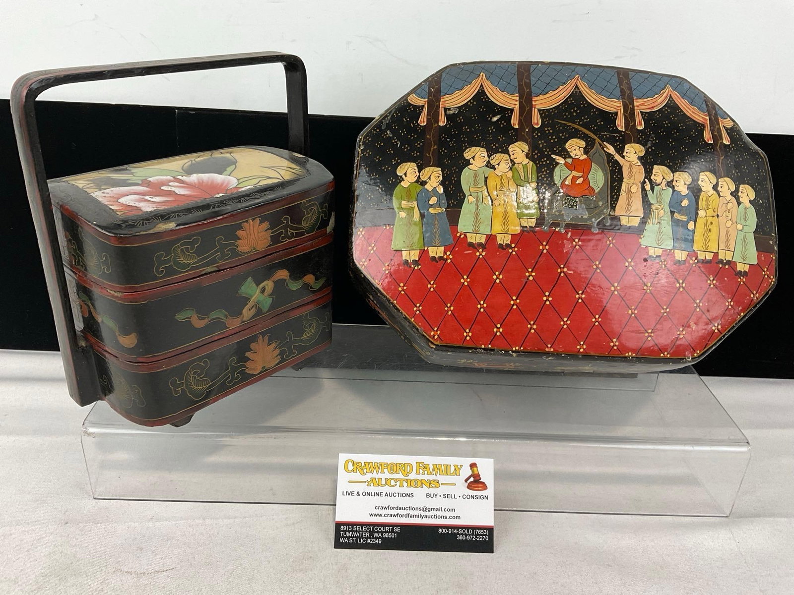 Chinese Shard Top Wedding Box Two Tiered Black & Red, & Handpainted Kashmiri Trinket Box: Appears to be in good shape. The piece measures approx 9h x 12w x 10d inches. See pics. E-414