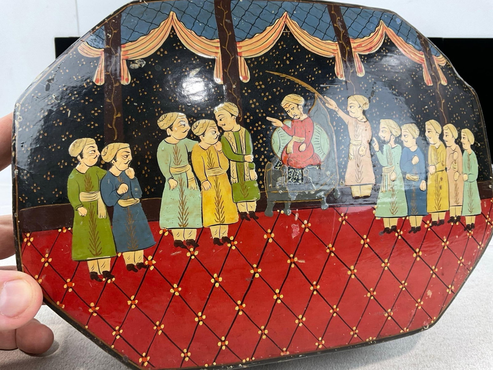 Chinese Shard Top Wedding Box Two Tiered Black & Red, & Handpainted Kashmiri Trinket Box - 2