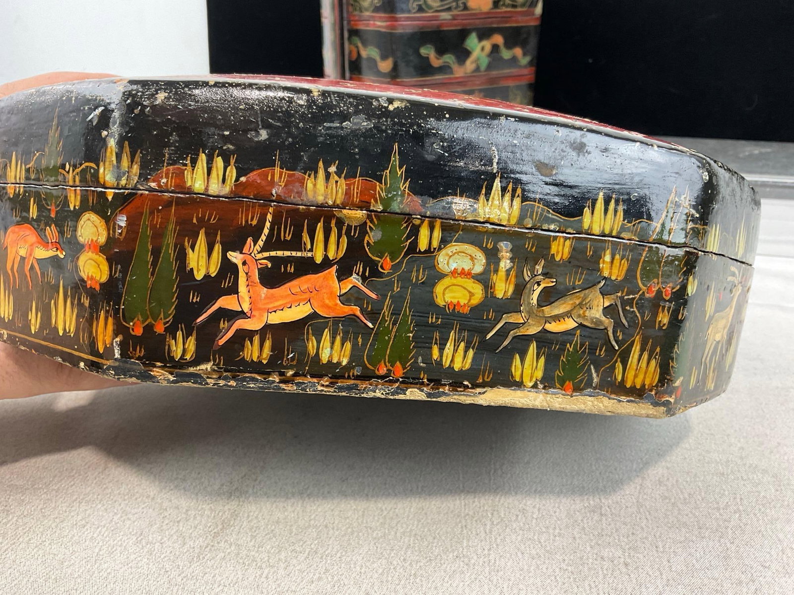 Chinese Shard Top Wedding Box Two Tiered Black & Red, & Handpainted Kashmiri Trinket Box - 3