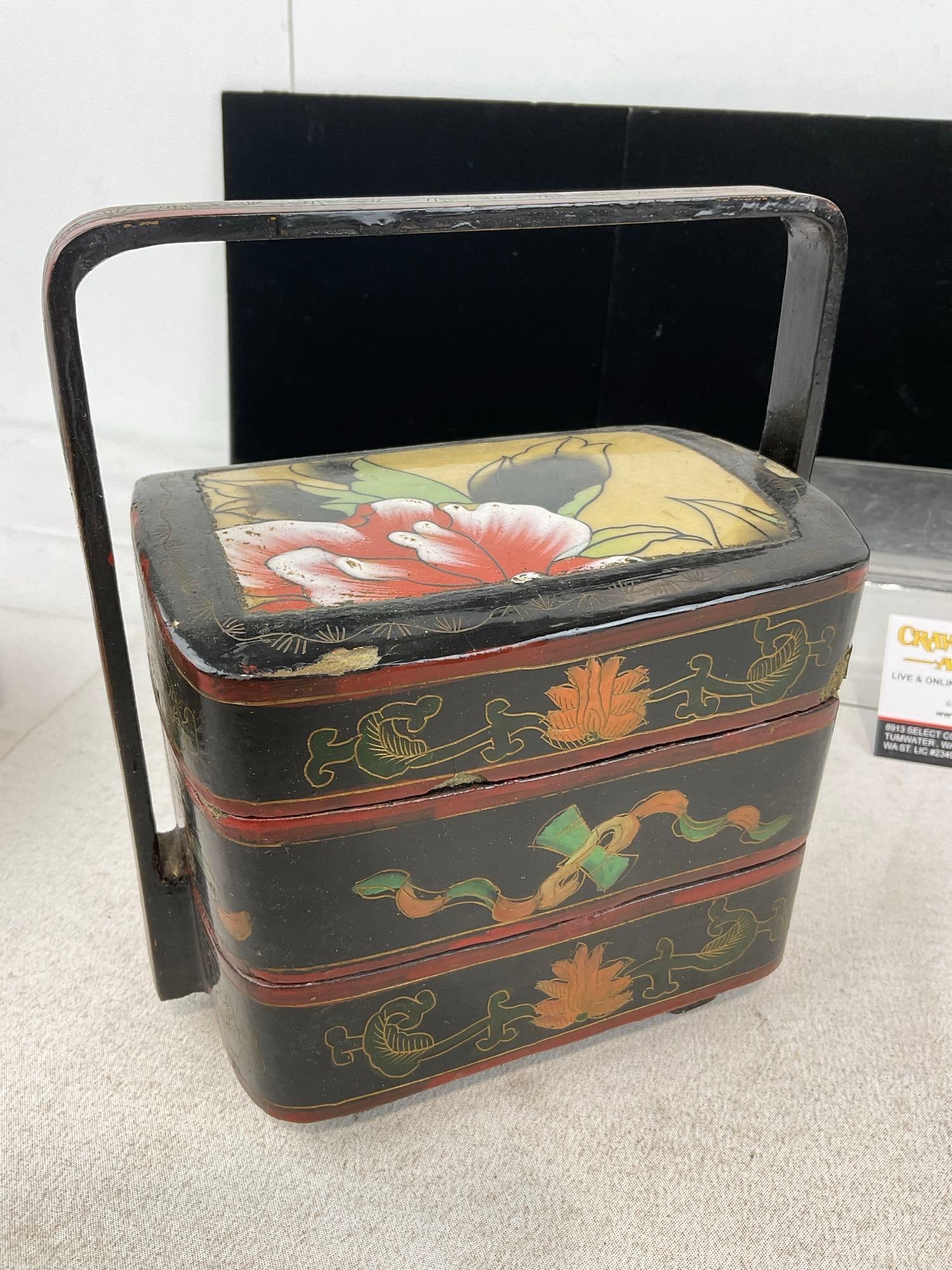 Chinese Shard Top Wedding Box Two Tiered Black & Red, & Handpainted Kashmiri Trinket Box - 6