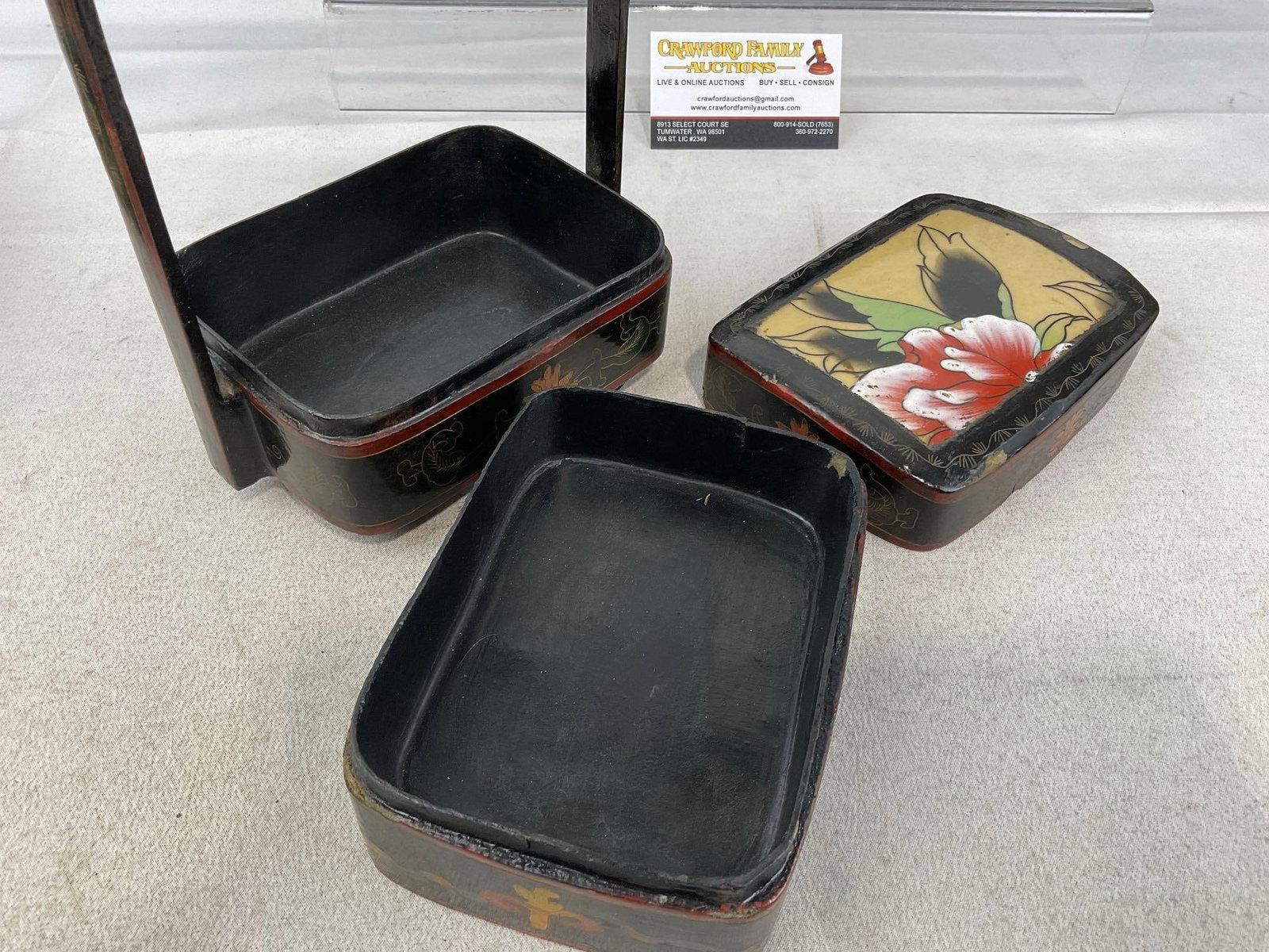 Chinese Shard Top Wedding Box Two Tiered Black & Red, & Handpainted Kashmiri Trinket Box - 7