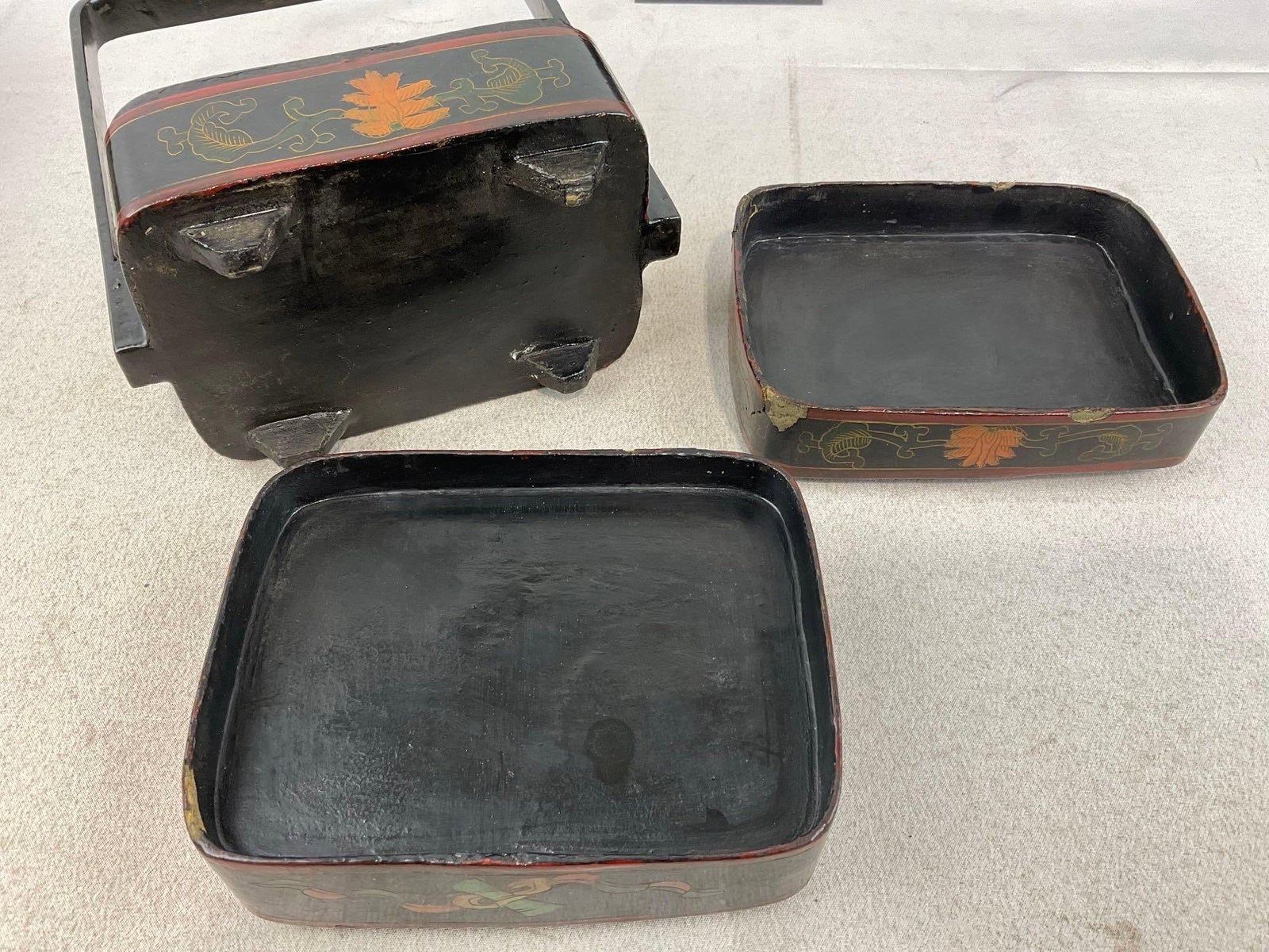 Chinese Shard Top Wedding Box Two Tiered Black & Red, & Handpainted Kashmiri Trinket Box - 8