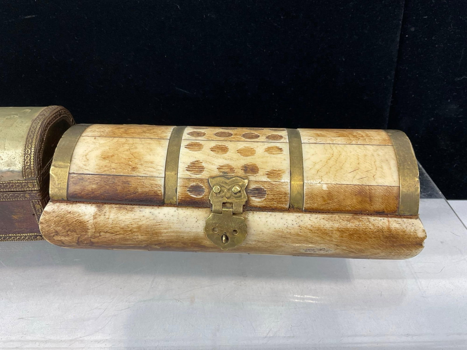 Antique Indian Stationery Boxes, Bone/Brass & Hardwood w/Brass & Steel bands, 8h x 5w x 4d inches - 3
