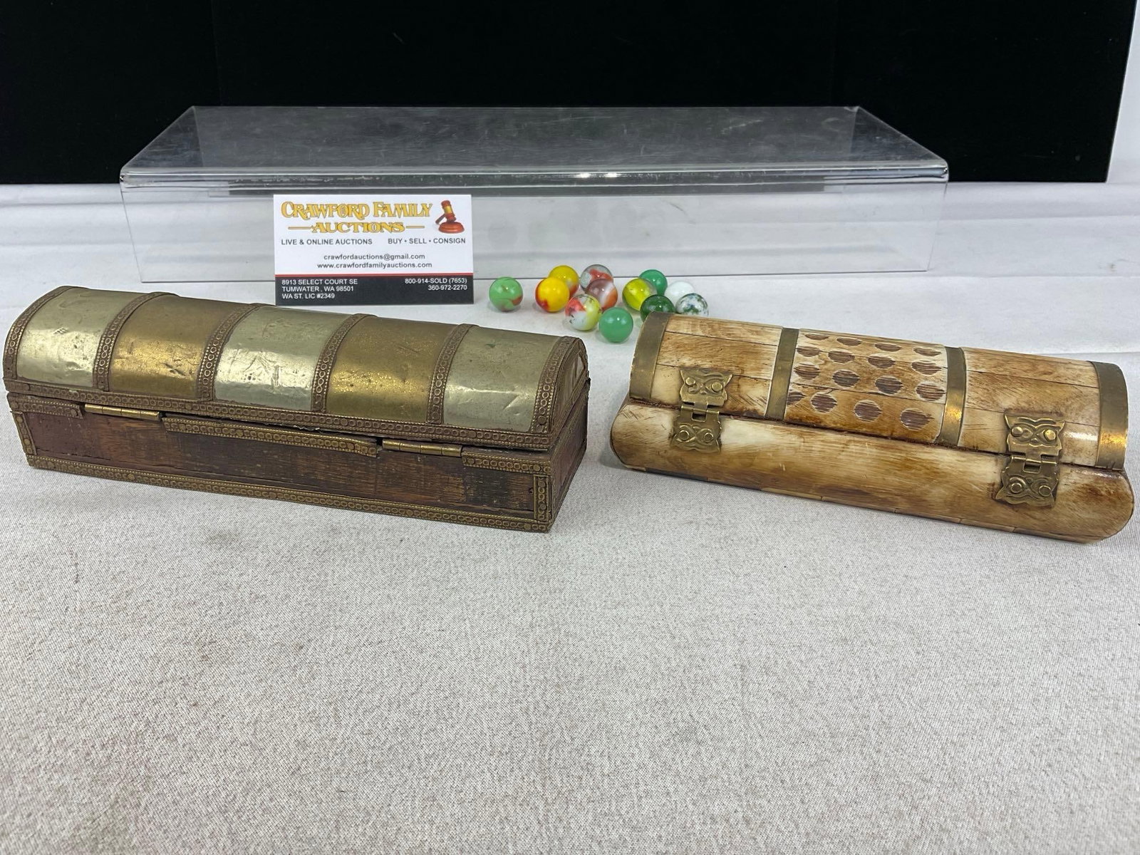 Antique Indian Stationery Boxes, Bone/Brass & Hardwood w/Brass & Steel bands, 8h x 5w x 4d inches - 4