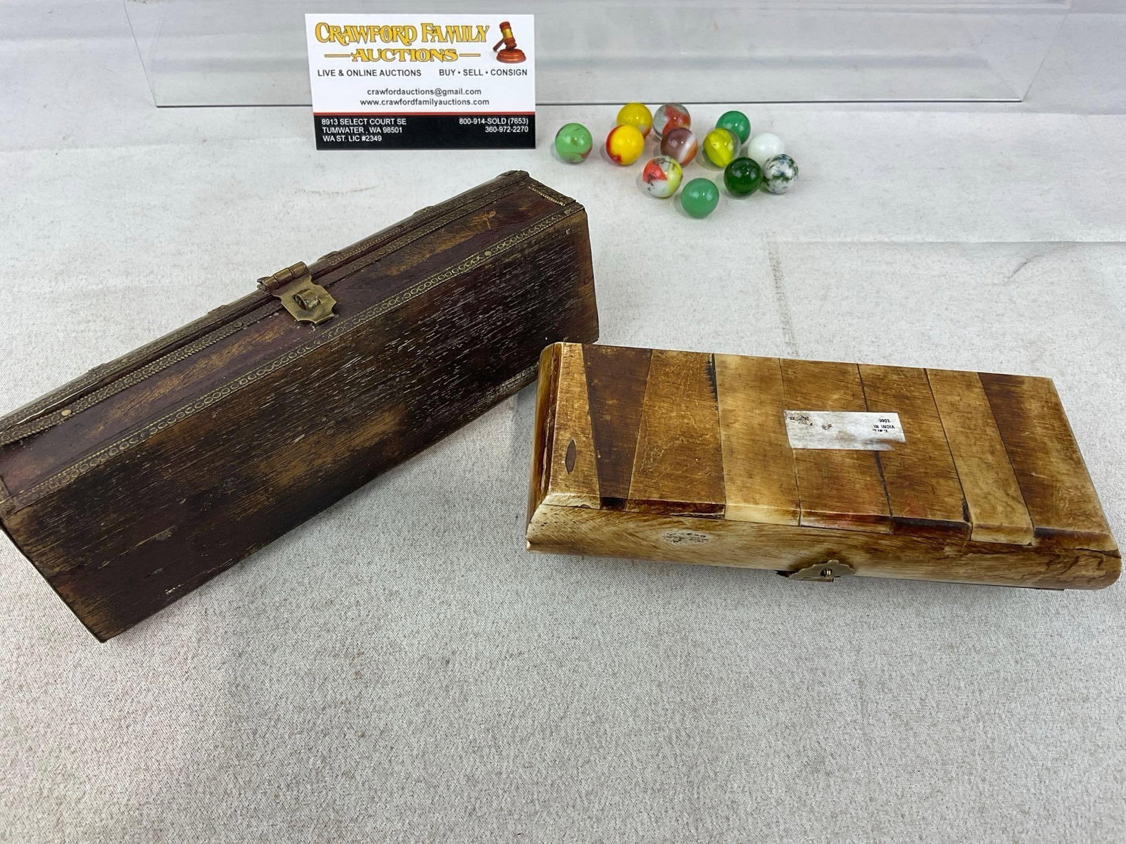 Antique Indian Stationery Boxes, Bone/Brass & Hardwood w/Brass & Steel bands, 8h x 5w x 4d inches - 5