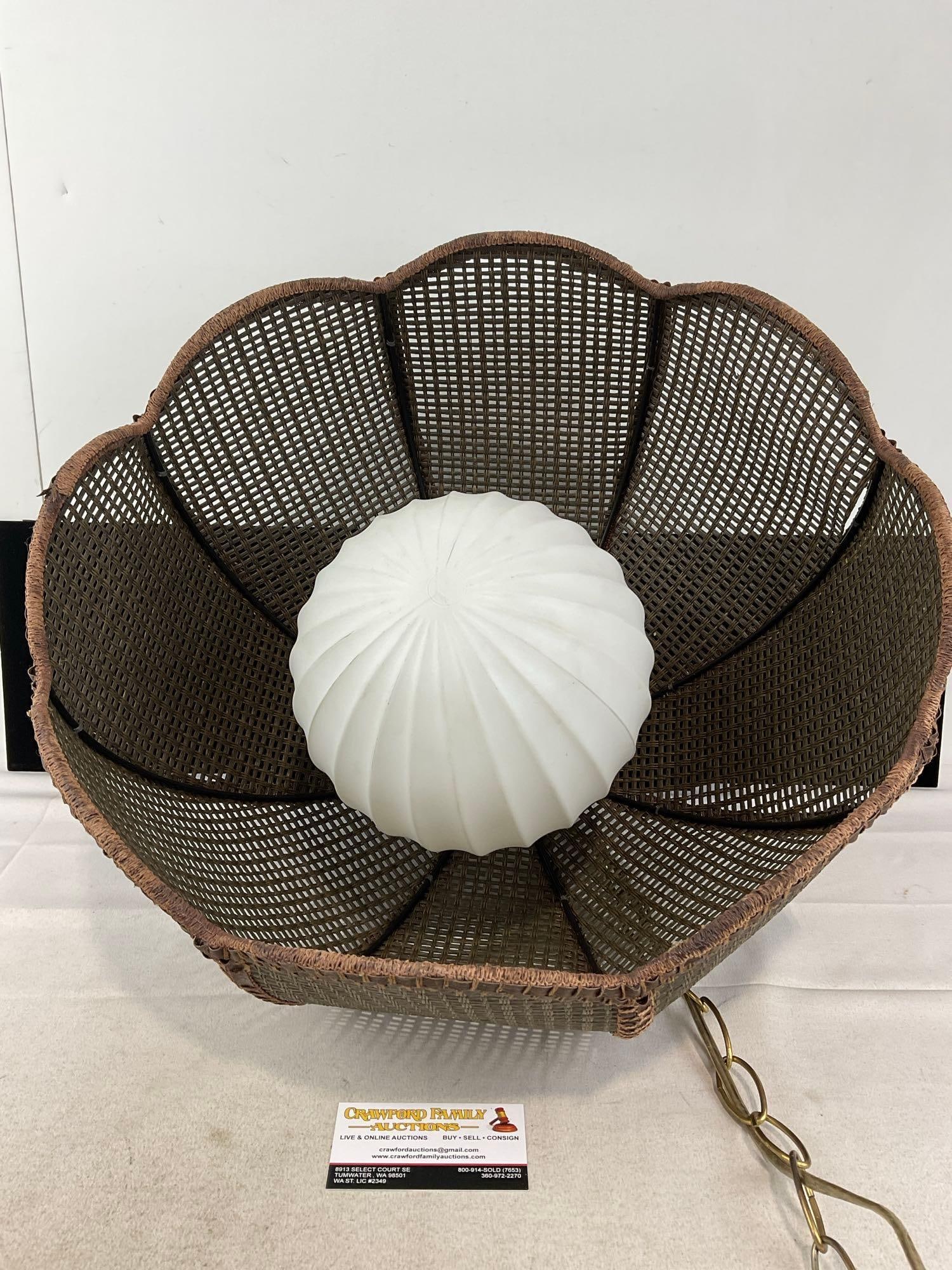 Vintage 1970s Boho Hanging Swag Lamp w/Woven Rattan Scalloped Basket Shade & Milk Glass Globe: Appears to be in good shape. The piece measures approx 14h x 16w x 16d inches. See pics. E-414