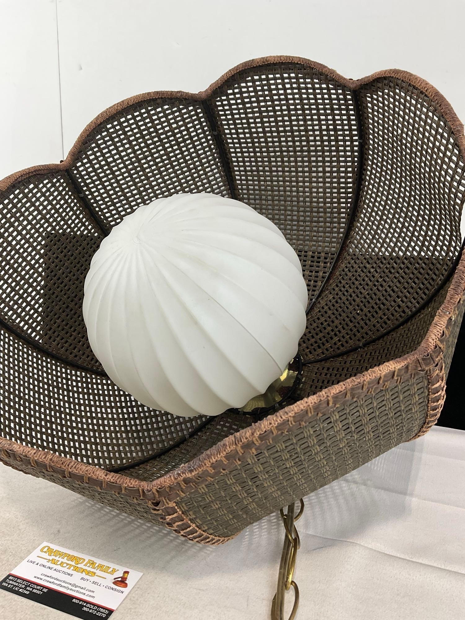 Vintage 1970s Boho Hanging Swag Lamp w/Woven Rattan Scalloped Basket Shade & Milk Glass Globe - 2