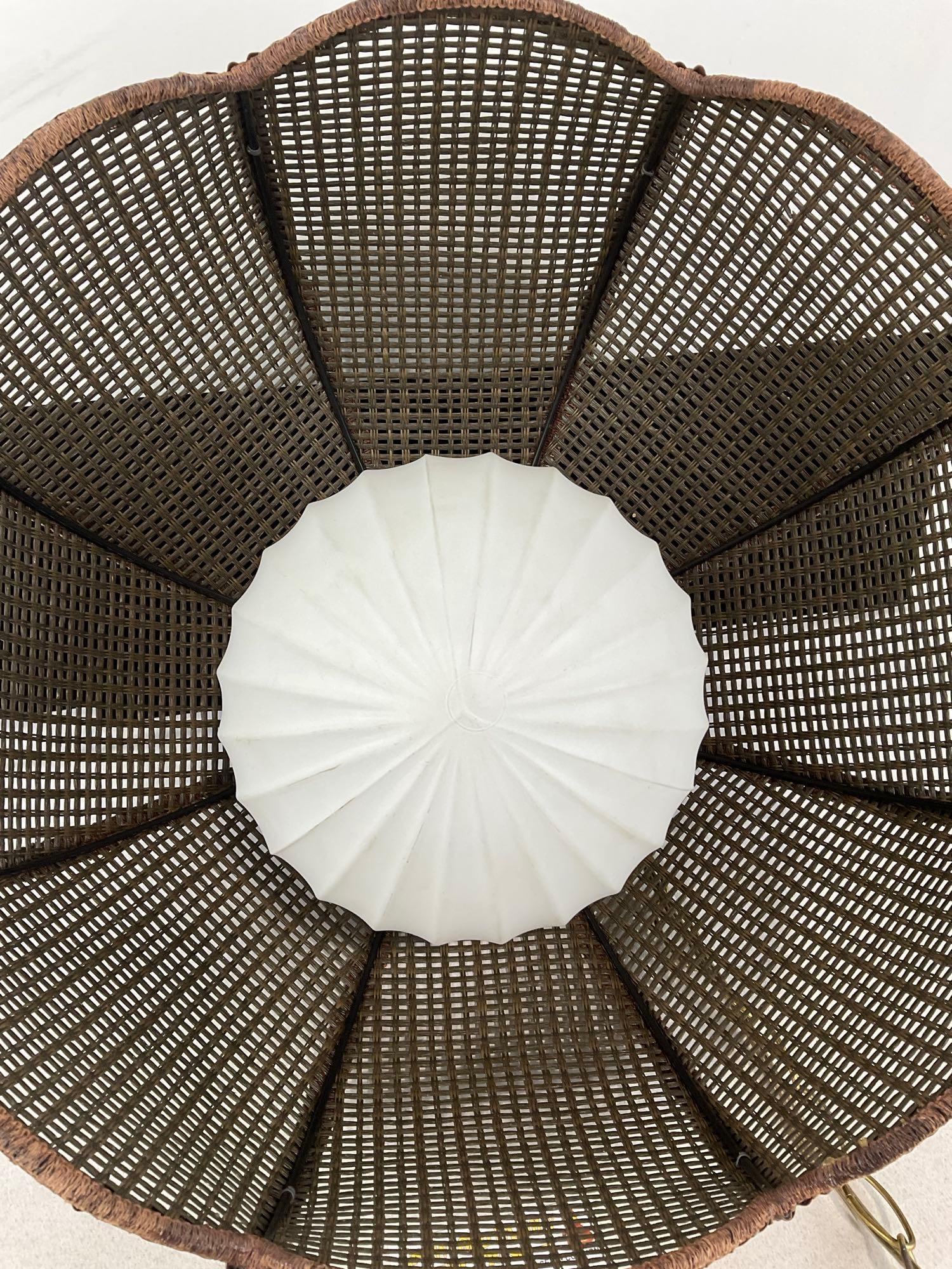 Vintage 1970s Boho Hanging Swag Lamp w/Woven Rattan Scalloped Basket Shade & Milk Glass Globe - 3