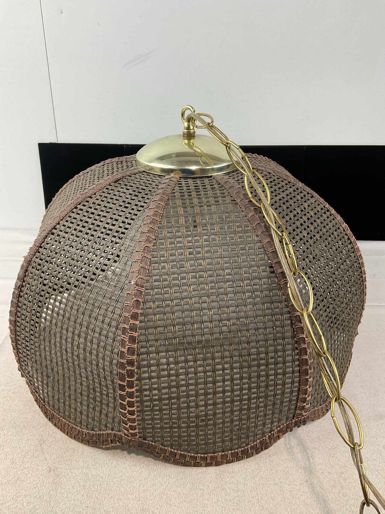 Vintage 1970s Boho Hanging Swag Lamp w/Woven Rattan Scalloped Basket Shade & Milk Glass Globe - 4
