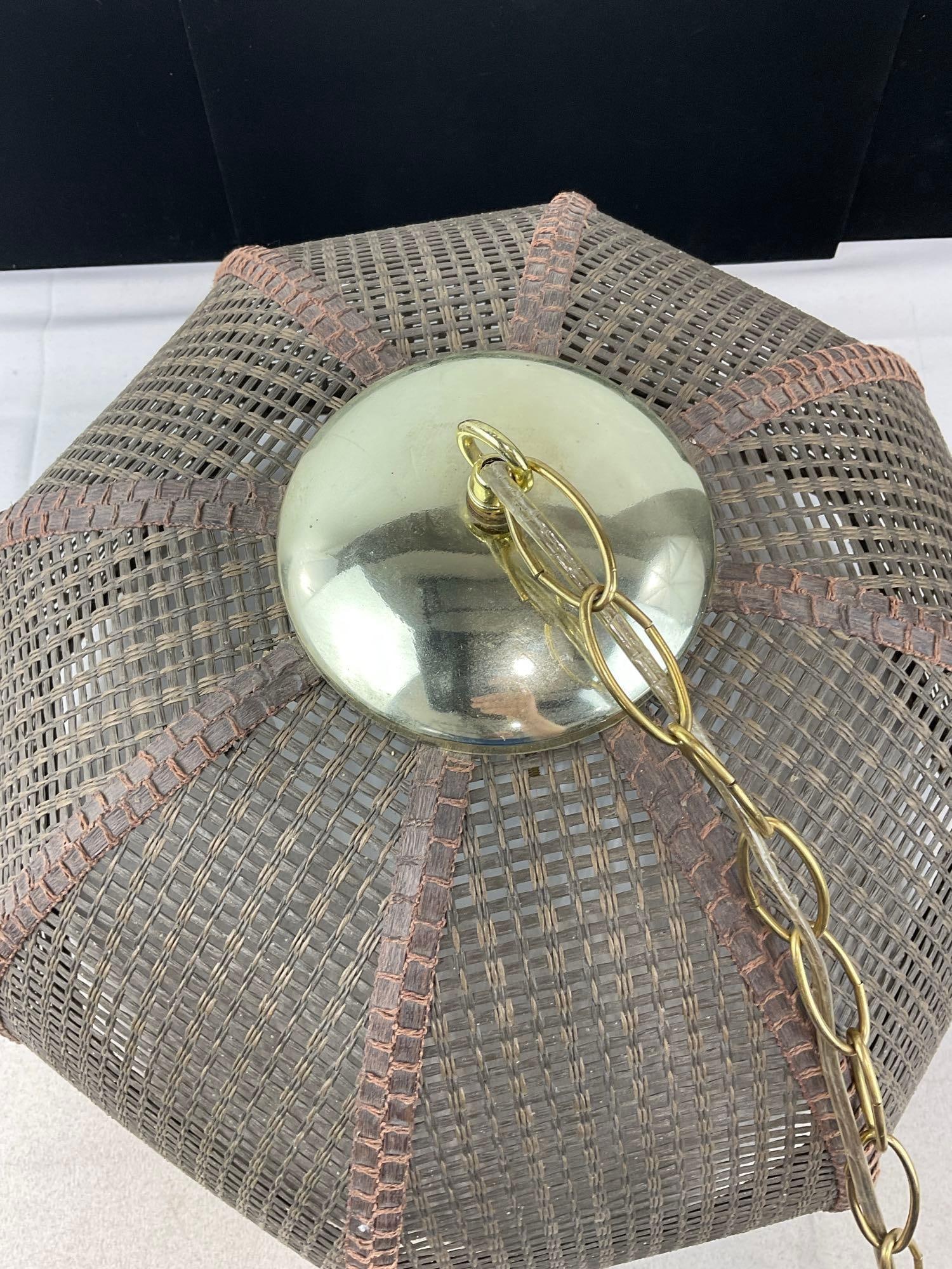 Vintage 1970s Boho Hanging Swag Lamp w/Woven Rattan Scalloped Basket Shade & Milk Glass Globe - 5