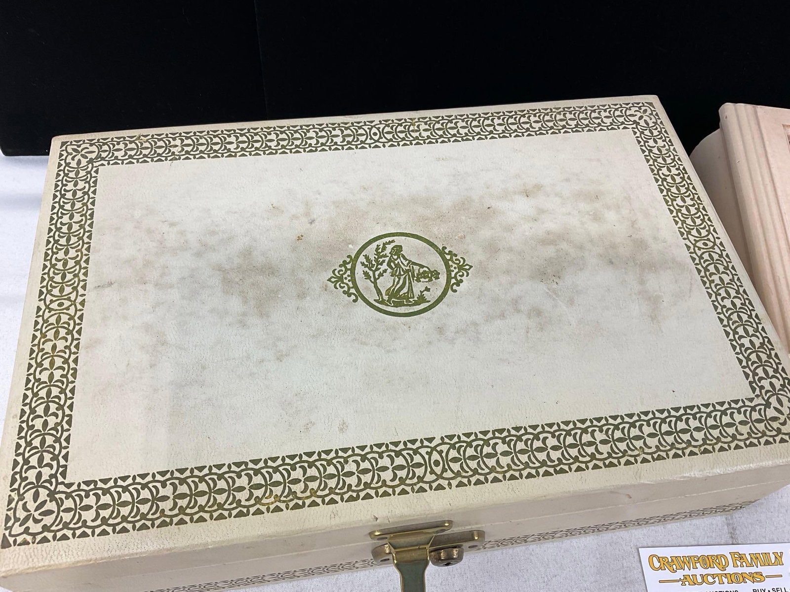 Pair of Jewelry Boxes, Cream & Gold-Trimmed Mele & Dayton Hudson Chest, w/pink velvet interior - 2