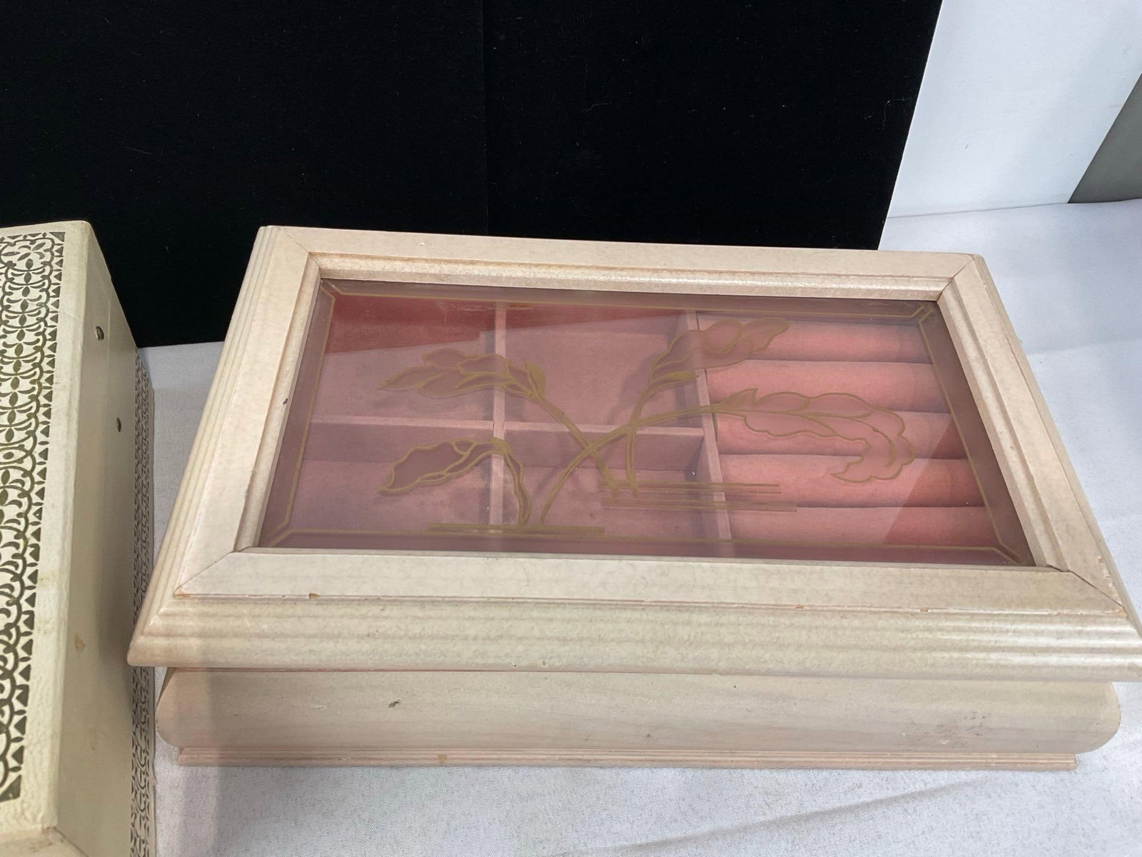 Pair of Jewelry Boxes, Cream & Gold-Trimmed Mele & Dayton Hudson Chest, w/pink velvet interior - 3