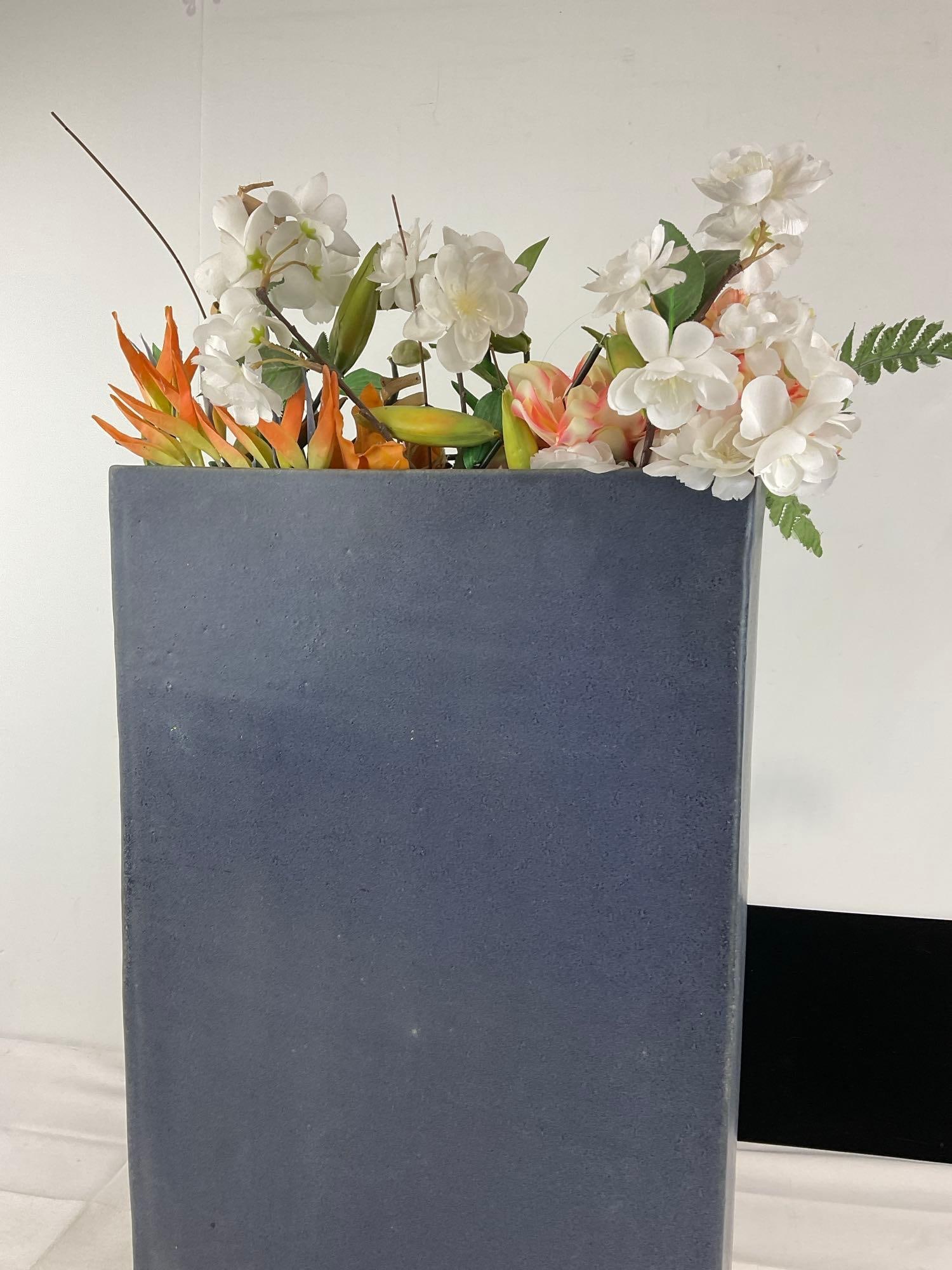 Tall Thin Purply Stoneware Planter, 29h x 16w x 5d inches w/faux floral arrangement - 3