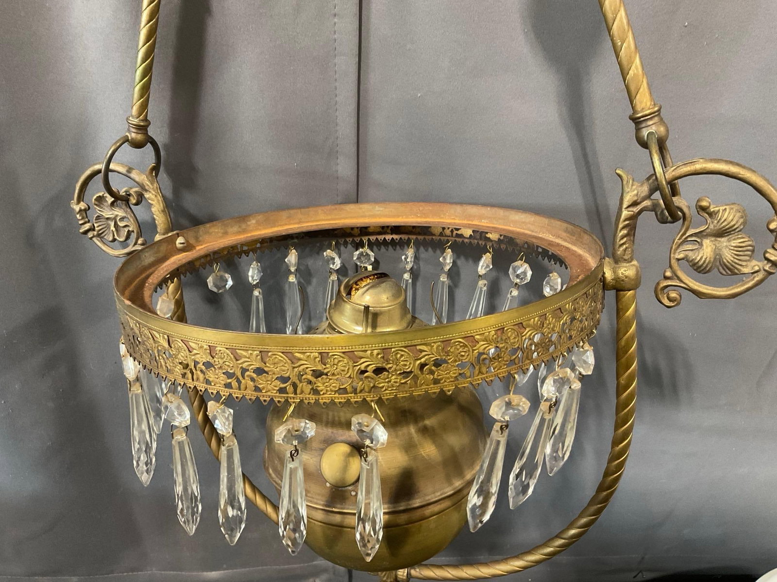 Antique Brass Hanging Oil Lamp, w/crystal prisms, P&A Risdon MFG Co Danbury Ct, approx 16 inches - 3