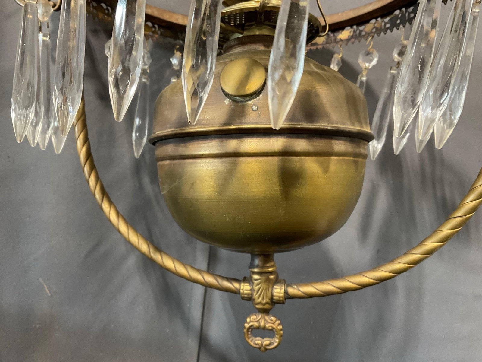 Antique Brass Hanging Oil Lamp, w/crystal prisms, P&A Risdon MFG Co Danbury Ct, approx 16 inches - 4