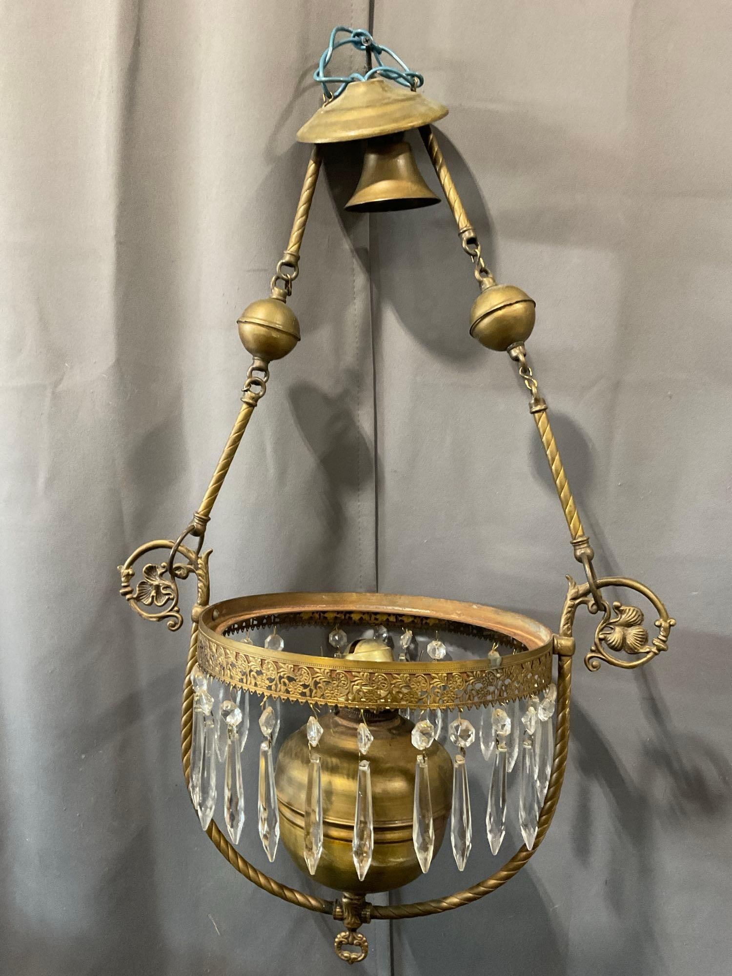 Antique Brass Hanging Oil Lamp, w/crystal prisms, P&A Risdon MFG Co Danbury Ct, approx 16 inches - 6
