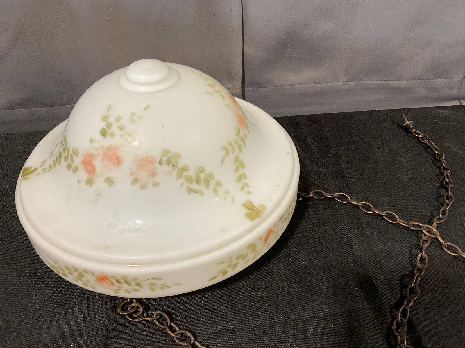 Antique Milk Glass Ceiling Pendant Light, Shade, Floral Designs along the outside, 12 in diameter - 3