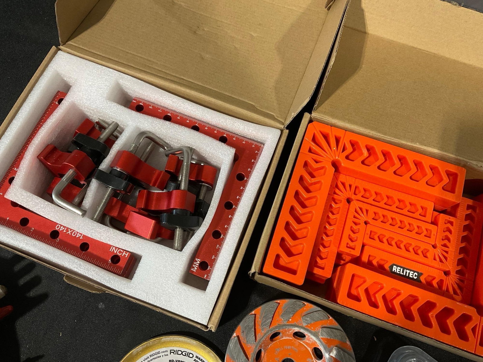 Box of Corner Clamps & Positioning Squares, Small Vise, 3 Grinding Wheels - 3