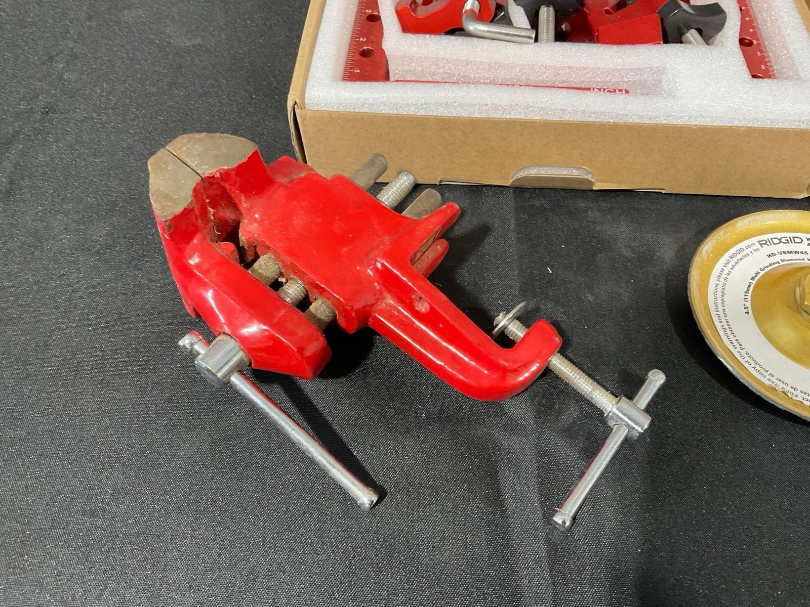 Box of Corner Clamps & Positioning Squares, Small Vise, 3 Grinding Wheels - 4