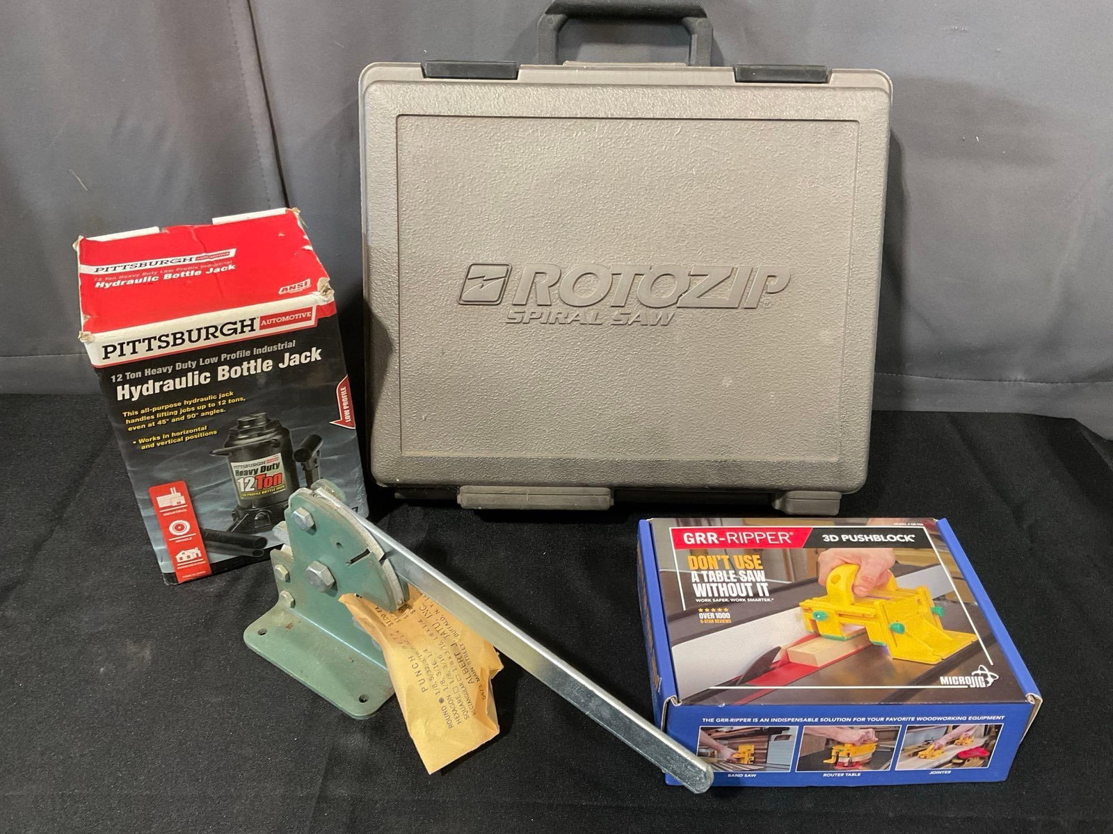 Pittsburgh Hydraulic Bottle Jack in box, Bench Punch, GRR-Ripper 3D Pushblock, & Rotozip Spiral Saw