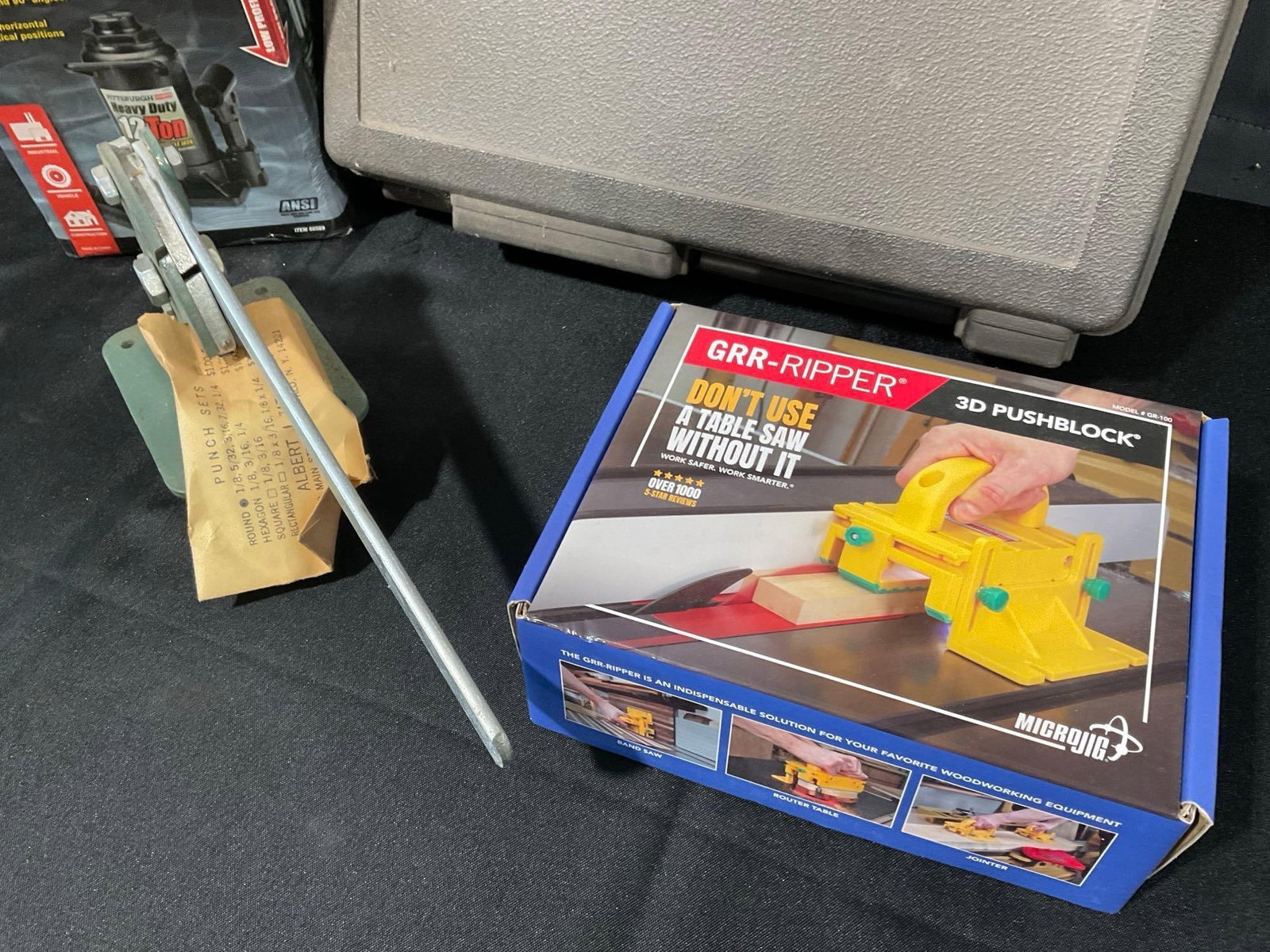 Pittsburgh Hydraulic Bottle Jack in box, Bench Punch, GRR-Ripper 3D Pushblock, & Rotozip Spiral Saw - 3