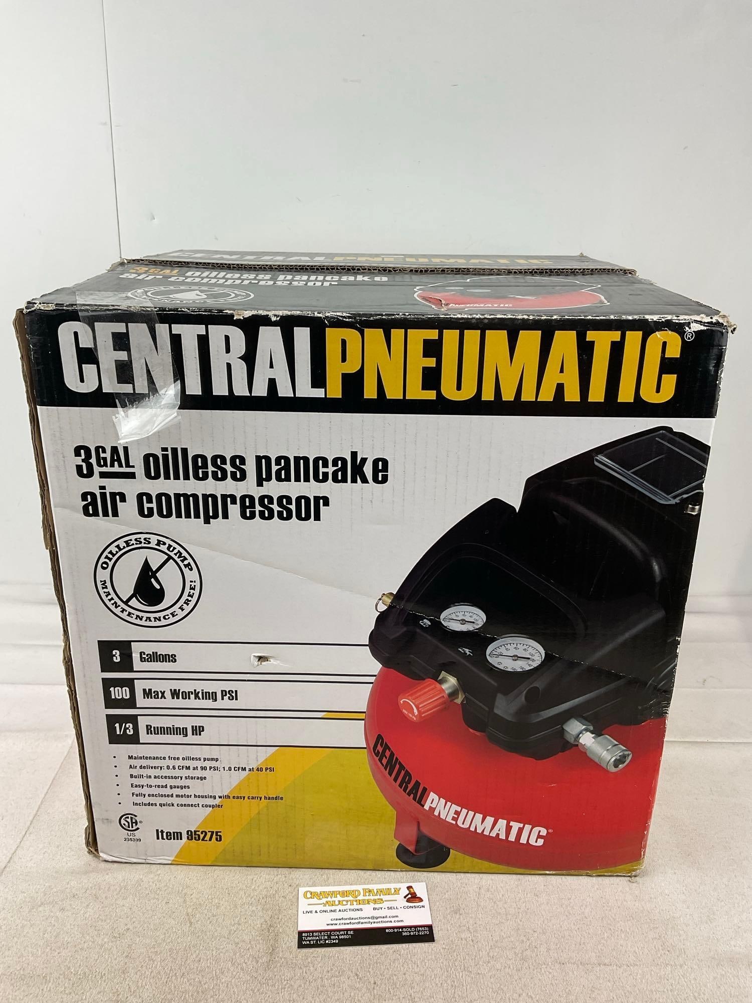 Central Pneumatic 3 Gallon Oilless Pancake Air Compressor, Item 95275, LNIB