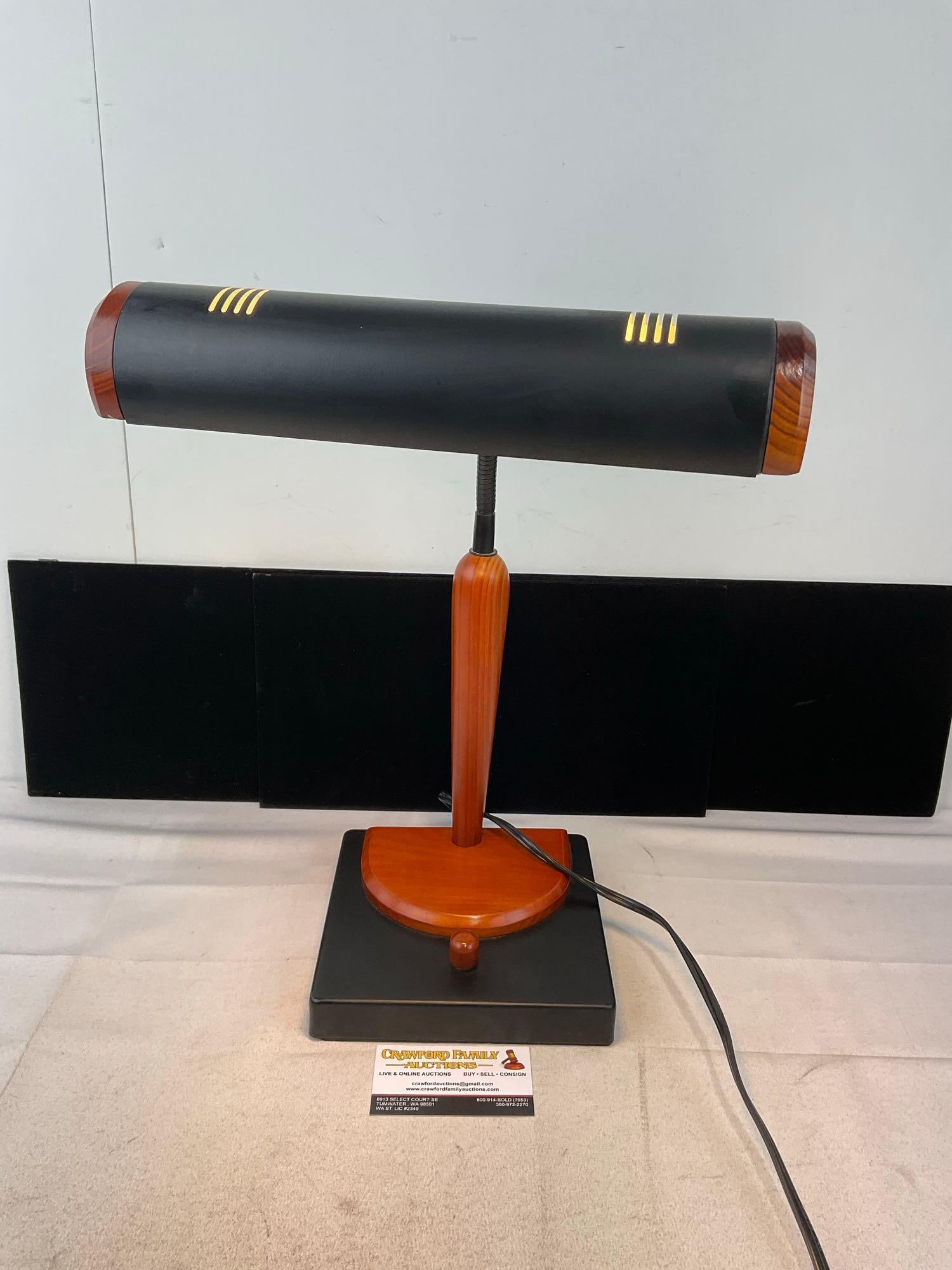 Desk Lamp w/Bendable Neck, Wood & Black Metal design, 13h x 11w x 7d inches, tested & working